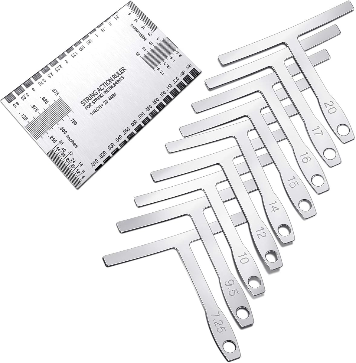 Mudder 10 Pieces Guitar Luthier Tools Set Include 9 Understring Guitar Radius Gauge and 1 String Action Gauge Ruler Measuring Tool Kit for Bass Setup(Silver)
