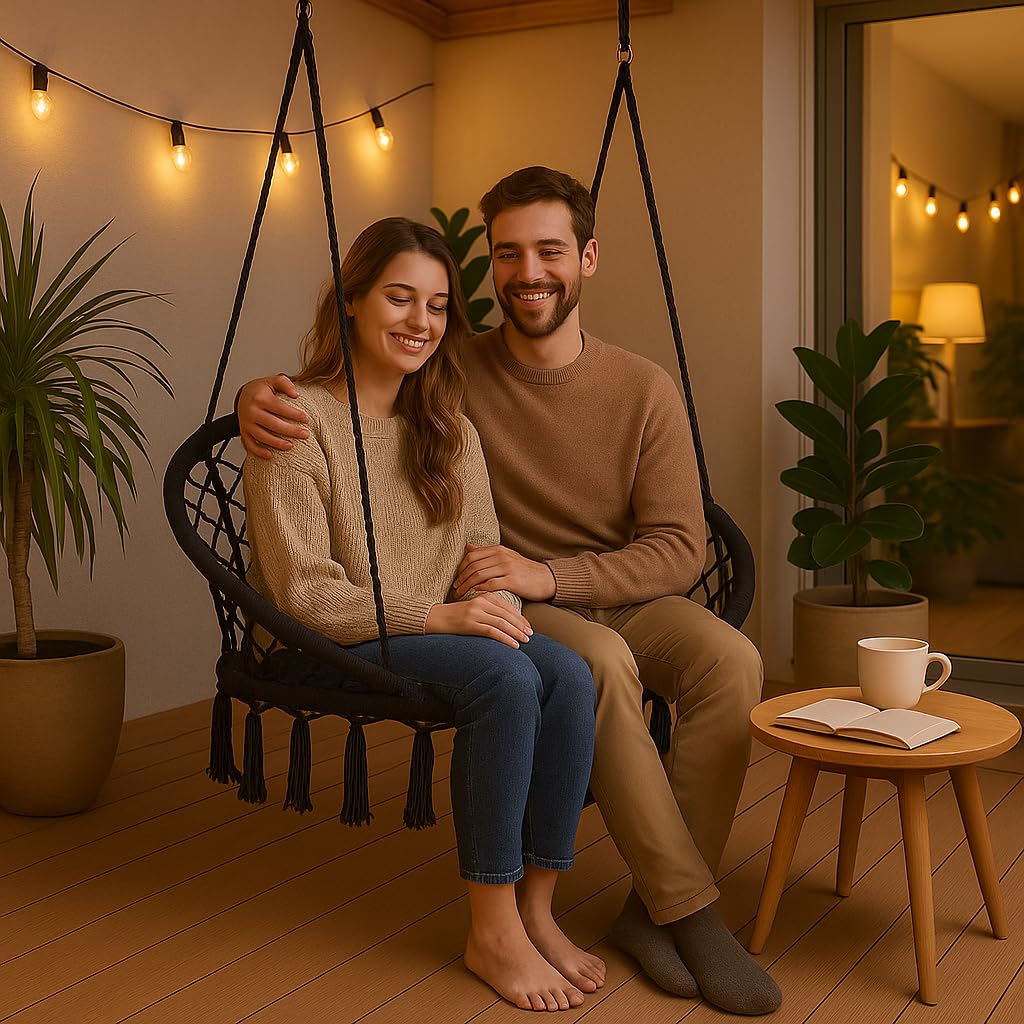 Sedia Sospesa Doppia Stile Boho 130×75 cm – Capacità 200 kg, Telaio Metallico, 4 Corde con Anelli, Interno/Esterno, Frange, Bianca, Balcone Giardino Poltrona Sospesa