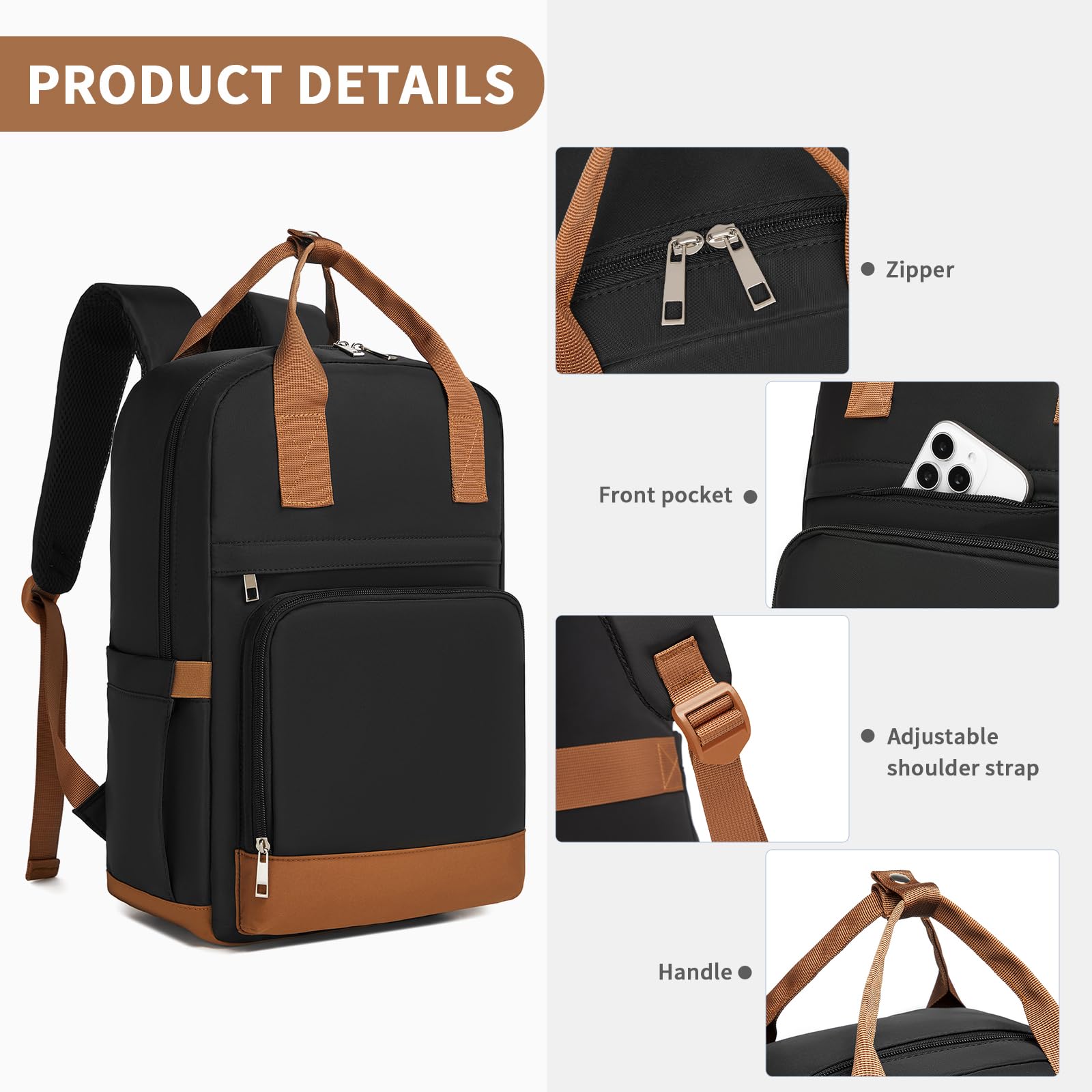 KONO Zaino Donna Porta PC 15,6 Pollici, Impermeabile e Antifurto con Porta USB di Ricarica, Grande Capacità per Università, Lavoro e Viaggio (Nero/Marrone)