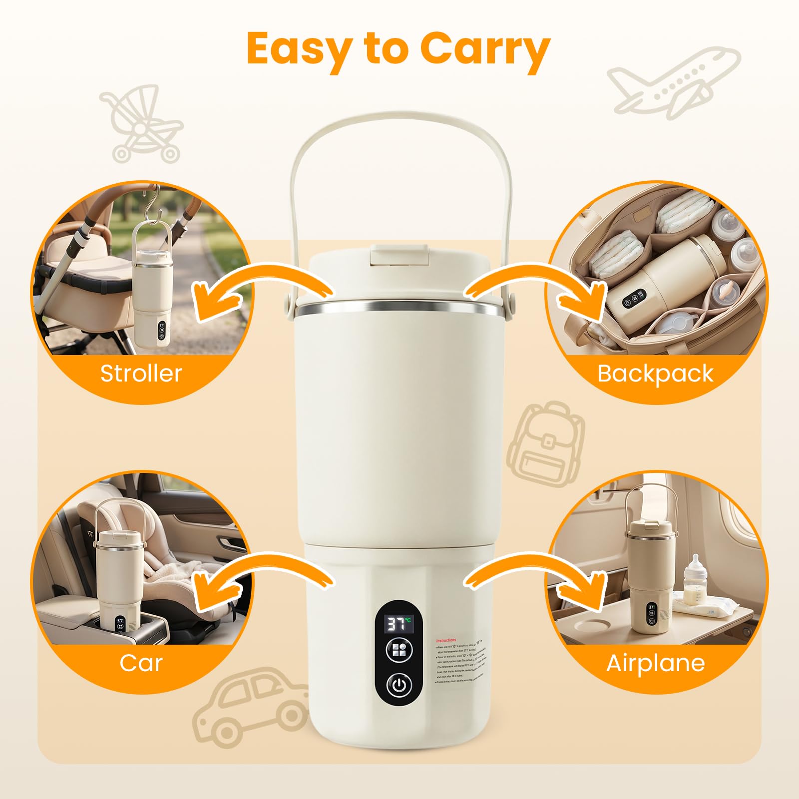Scaldabiberon portatile - Scaldabiberon 2 in 1: riscaldamento rapido di latte materno e acqua, pastorizzazione, blocco di sicurezza per bambini, temperatura costante 24 ore su 24 per tutta (Beige)