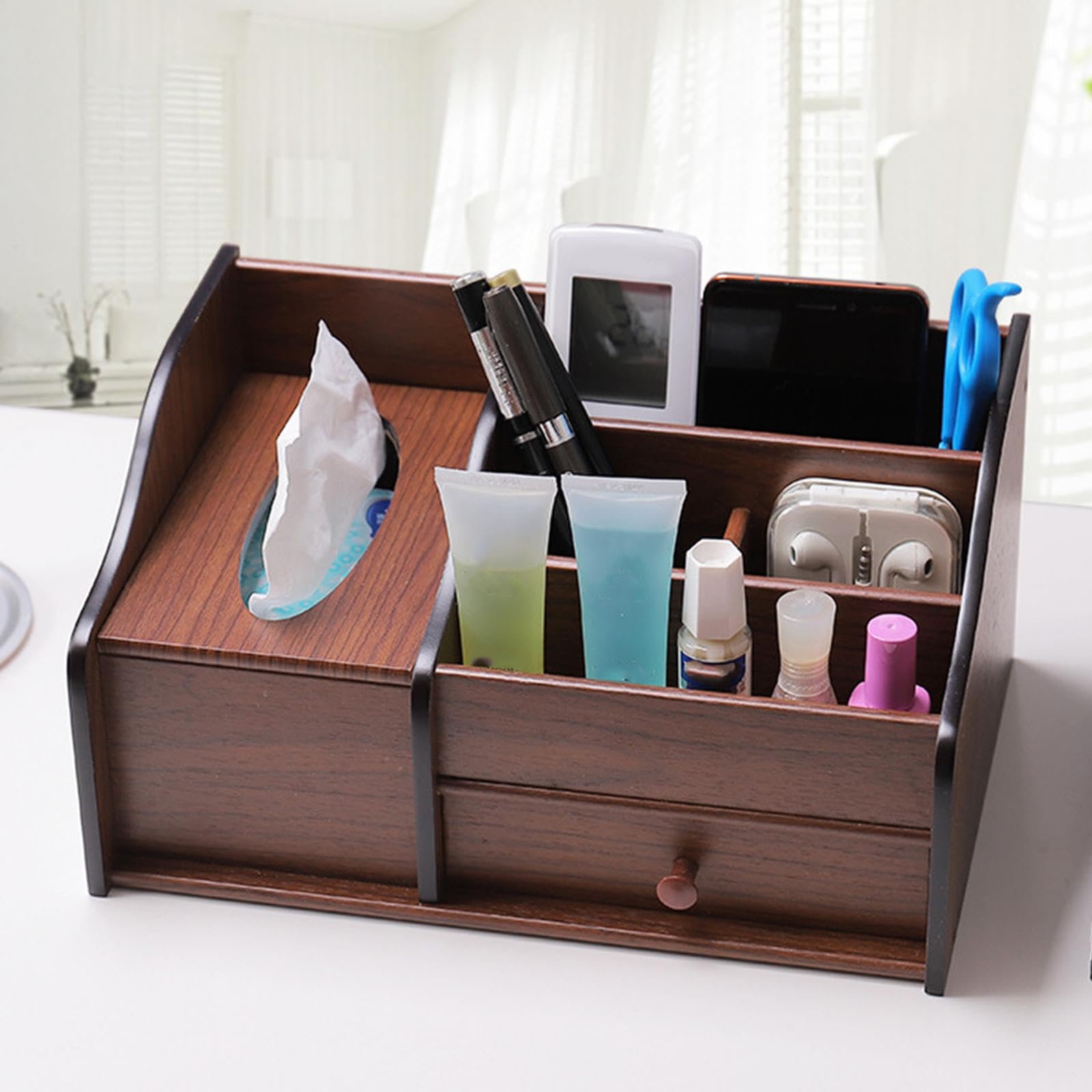 Organizer Da Scrivania in Legno con Cassetto, Scomparti Multipli,