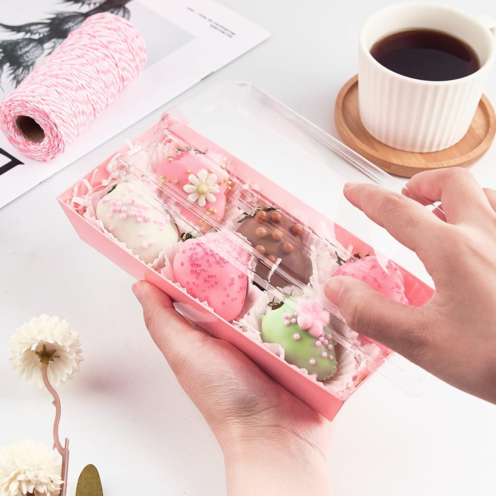 ZORRITA Lot de 100 petites boîtes à charcuterie en papier avec couvercles transparents de 19 cm pour desserts, biscuits, sandwich, pâtisserie, fraises et cupcakes (rose)