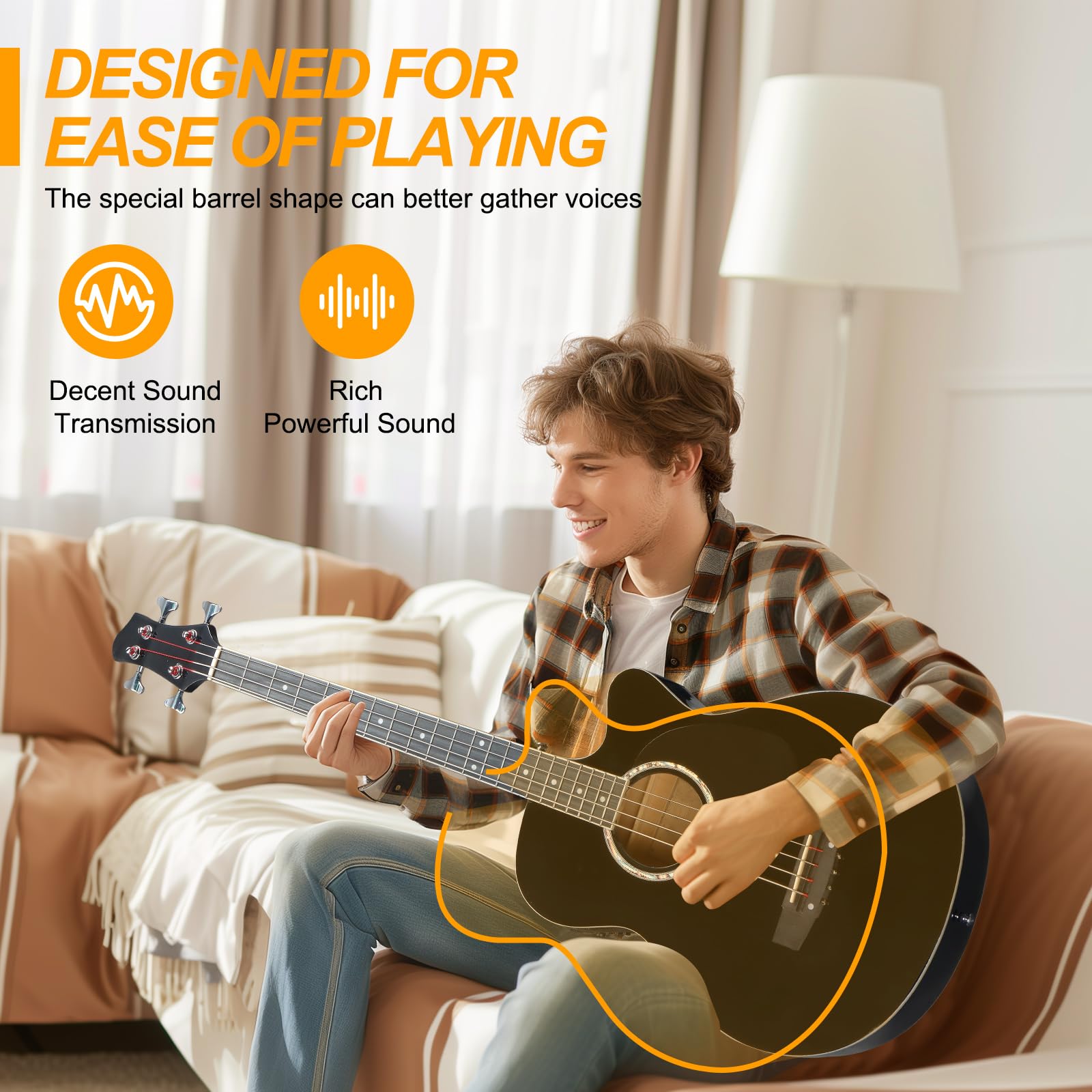 Ktaxon 4-strunowa akustyczna gitara basowa, pełnowymiarowy zestaw gitary basowej z przenośną torbą na gitarę, kabel premium, klucz, pasek, plektron (czarny)