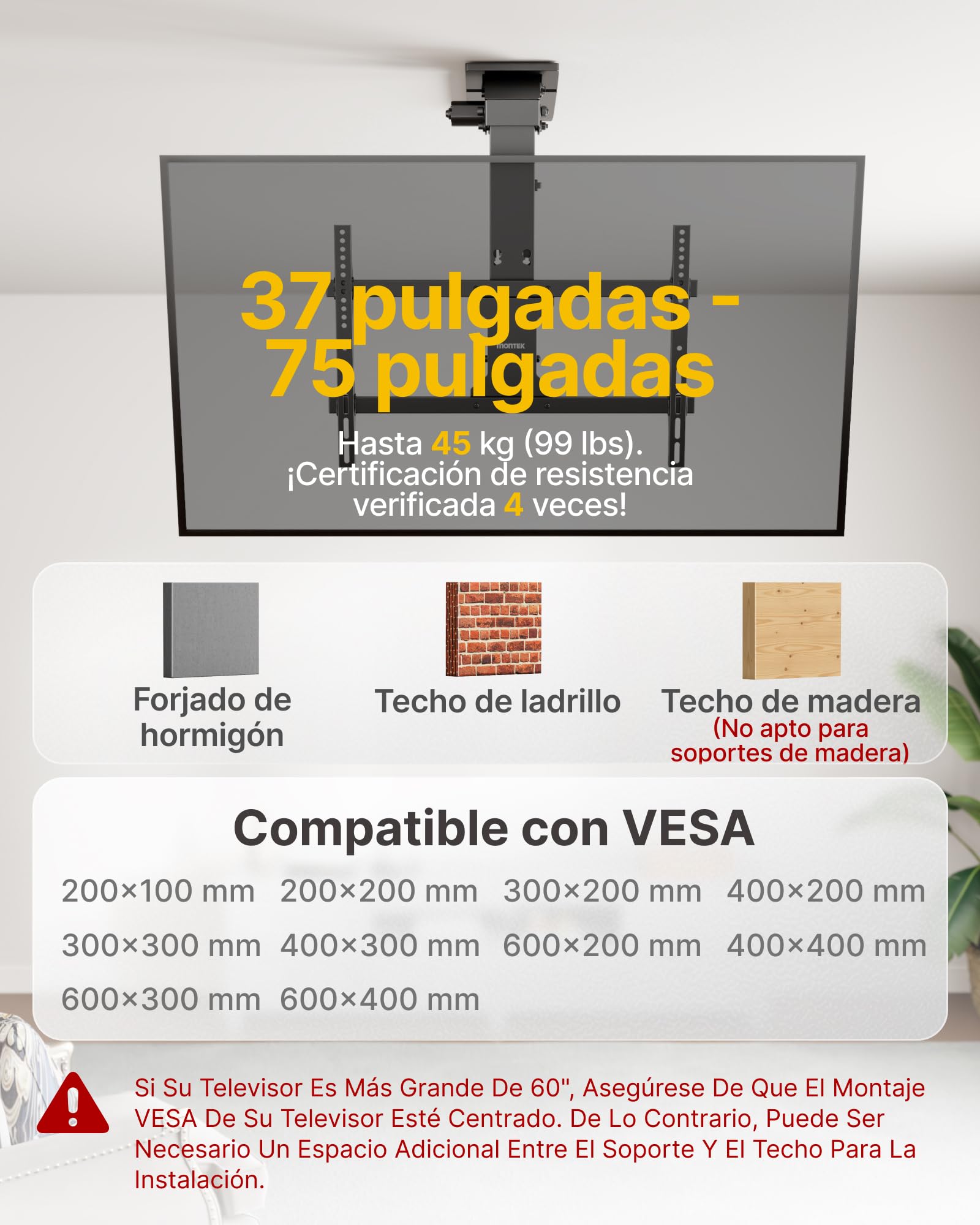 monTEK Soporte TV de Techo Eléctrico para 37-75", hasta 45 kg | Soporte TV de techo motorizado con mando, app y control por voz; compatible con techos planos e inclinados.