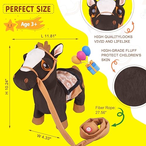 Miniatura 5 de Juguete interactivo de peluche de poni negro que canta bailando musical realista poni mascota, juguete de cabeza de caballo para niños y niñas,