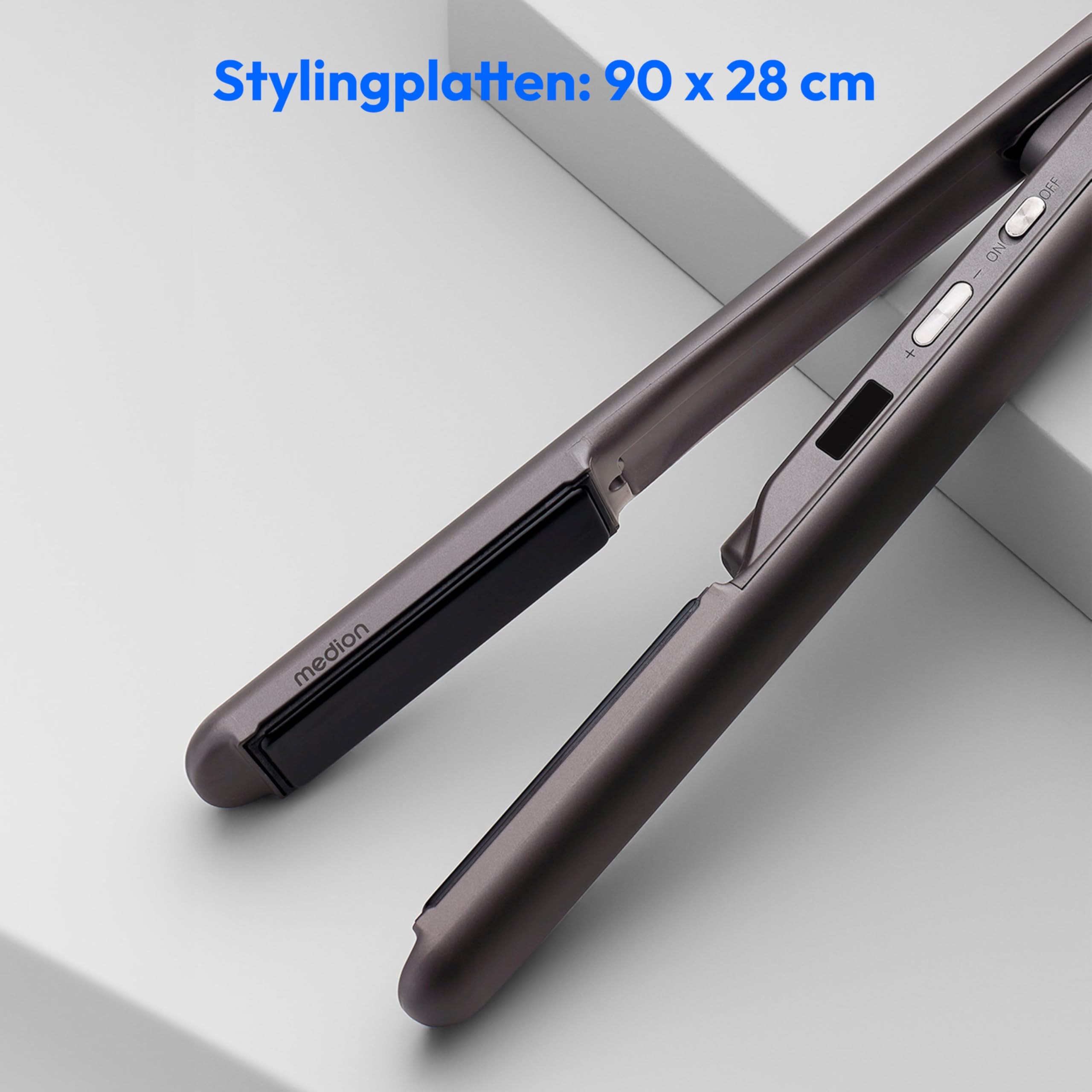 MEDION Glätteisen HS2 (kabellos, Display, 5 regelbare Hitzestufen, 165° bis 210°, breite flexible Keramik - Turmalin Heizplatten, Silikon Schutzhülle, Temperatursensor, Haarglätter) schwarz