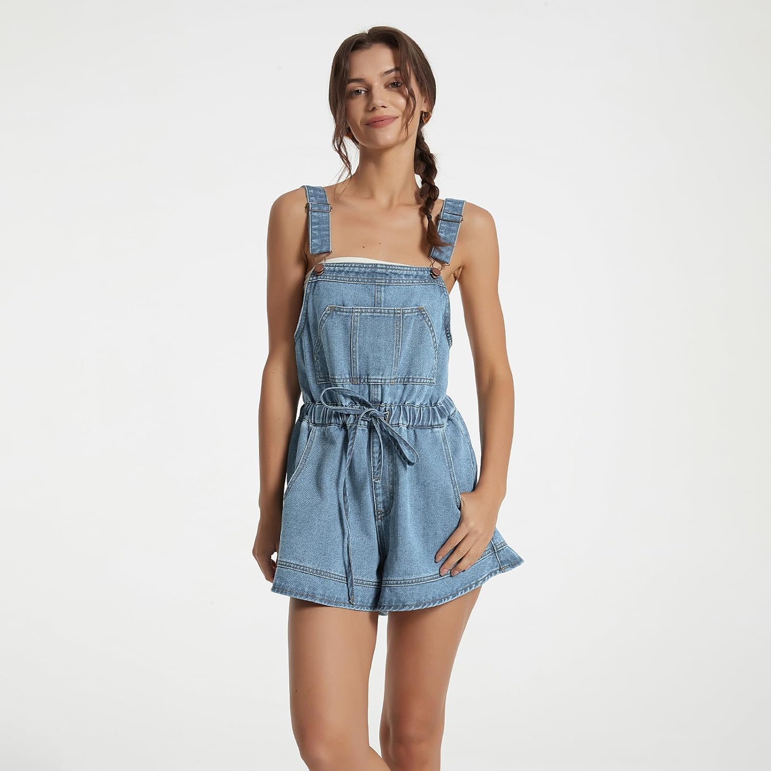 Women's Sleeveless Denim Romper Shorts Ruffle Hem Adjustable Strap Casual Jean Jumpsuits One Piece Outfits - Image 4
