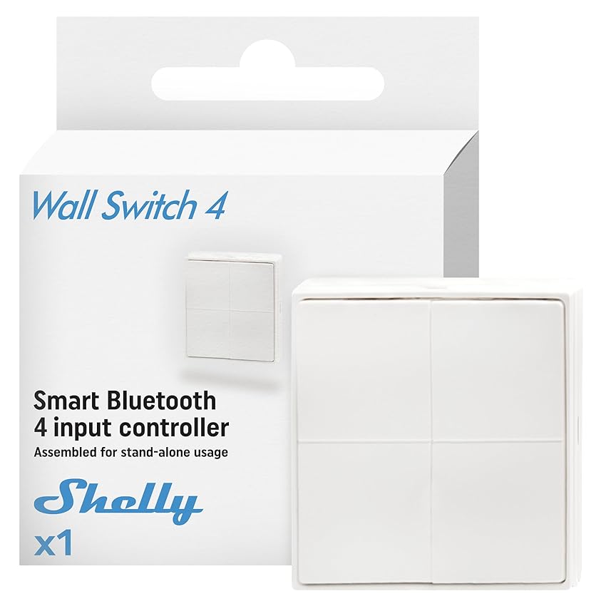 Shelly BLU Wall Switch 4 Stand Alone,Interruttore di Controllo Remoto Smart Bluetooth,Wireless,Attivazione Azioni con Pressioni Multiple,Domotica, Тelecomando, Alexa e Google Home, Gateway Richiesto