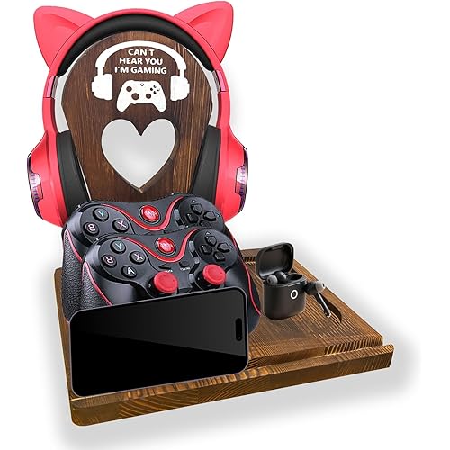 Wooden Headset Stand with Controller Holder - Multi-Functional Gaming Organizer for Desk, Detachable Design w/Phone Slot - Perfect Gamer Gift for Men, Dad, Graduation