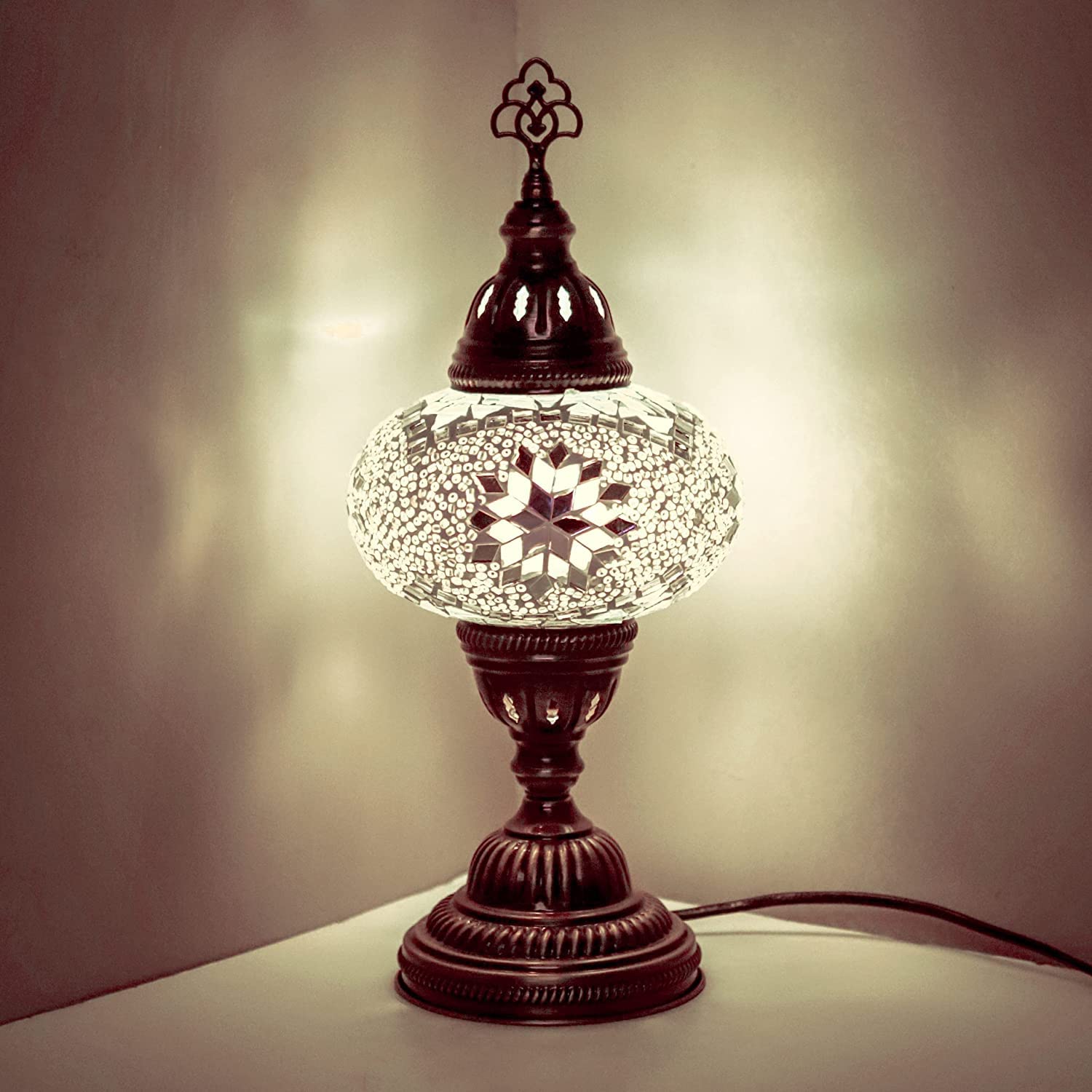 ENVA Turkish Moroccan Tiffany Style Handmade Mosaic Table Desk Bedside Night Lamp Light Lampshade with LED Bulb Large Globe (3022)