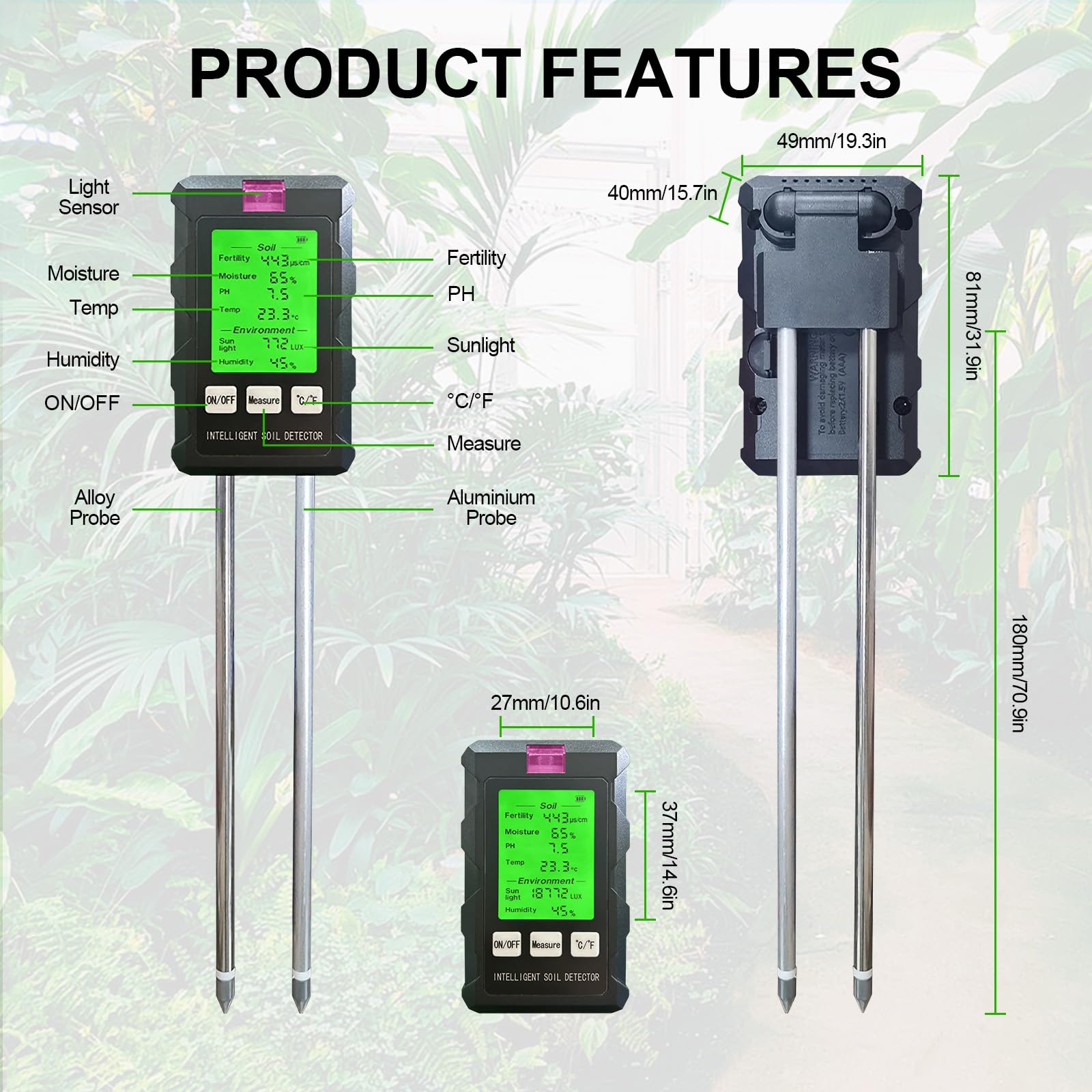 Misuratore PH Terreno 6 In 1 Cuteefun - Analizza Umidità, Luce, Fertilità E Temperatura Per Piante - Foto 3
