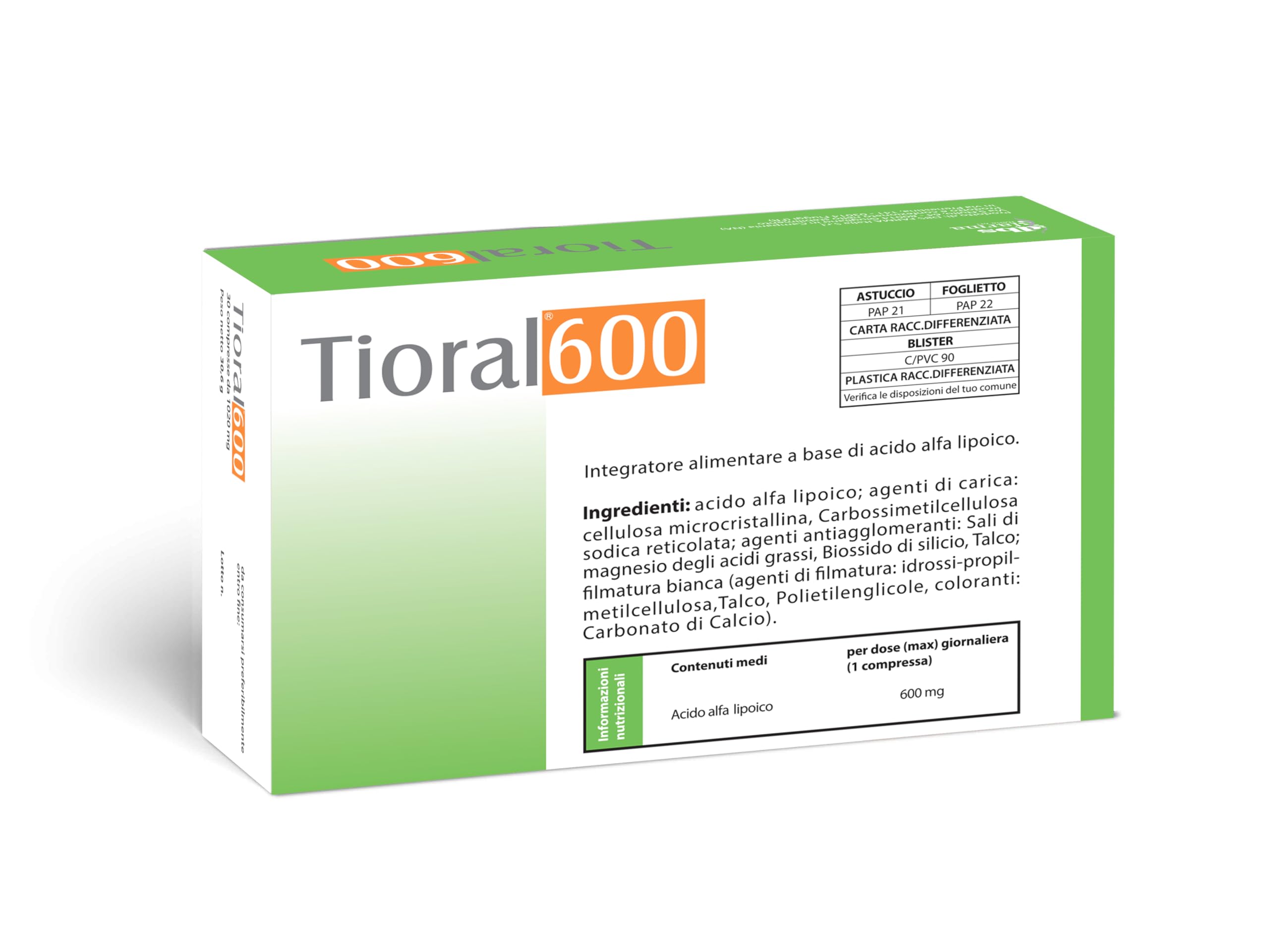 TIORAL 600 | Acido Alfa Lipoico 600 mg | Integratore acido alfa lipoico | 30 Compresse ad Alto Dosaggio Made in Italy