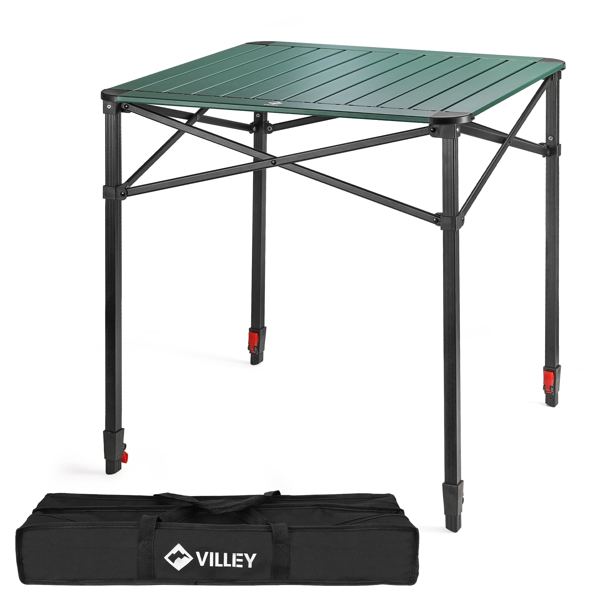 VILLEY Mesa Plegable con Bolsa de Transporte, Mesa Plegable Portátil de Aluminio, Mesa de Camping de Altura Ajustable, Mesa de Acampada para Picnic, Pesca, Camping, Playa y Extrior, 70 * 70 * 78cm