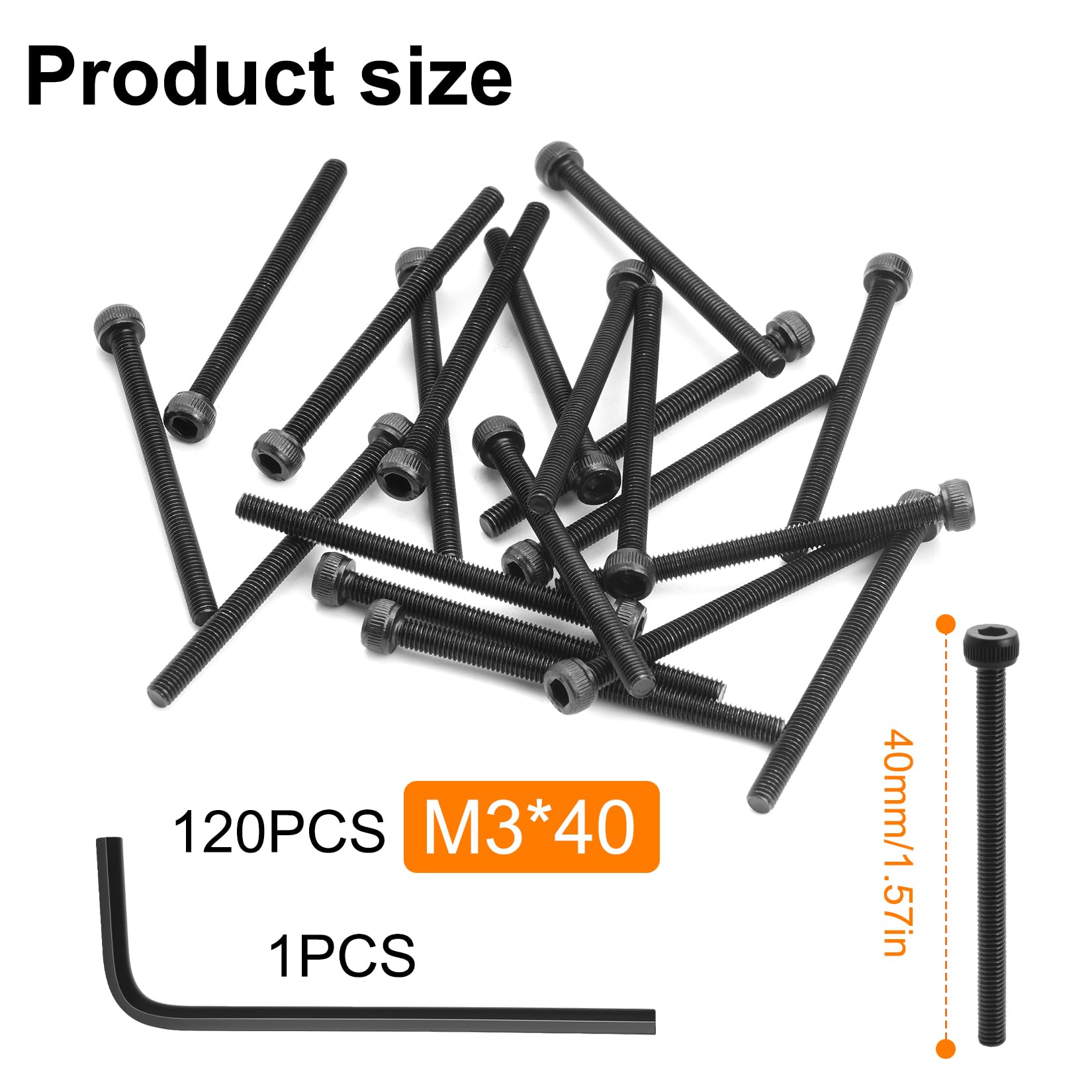 120 Pz Set di Viti M3, Viti a testa cilindrica con esagono incassato M3 x 40 mm, Bulloni a testa esagonale nere completamente filettate, con chiave