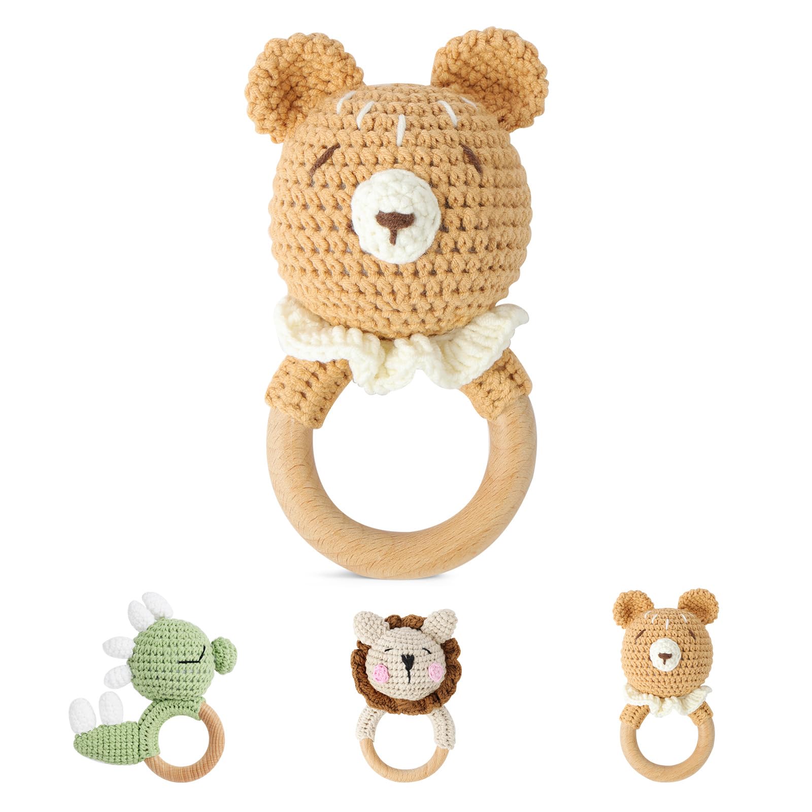 Vicloon Wooden Baby Rattle, Crochet Animals Soft Rattle Sensory Toys