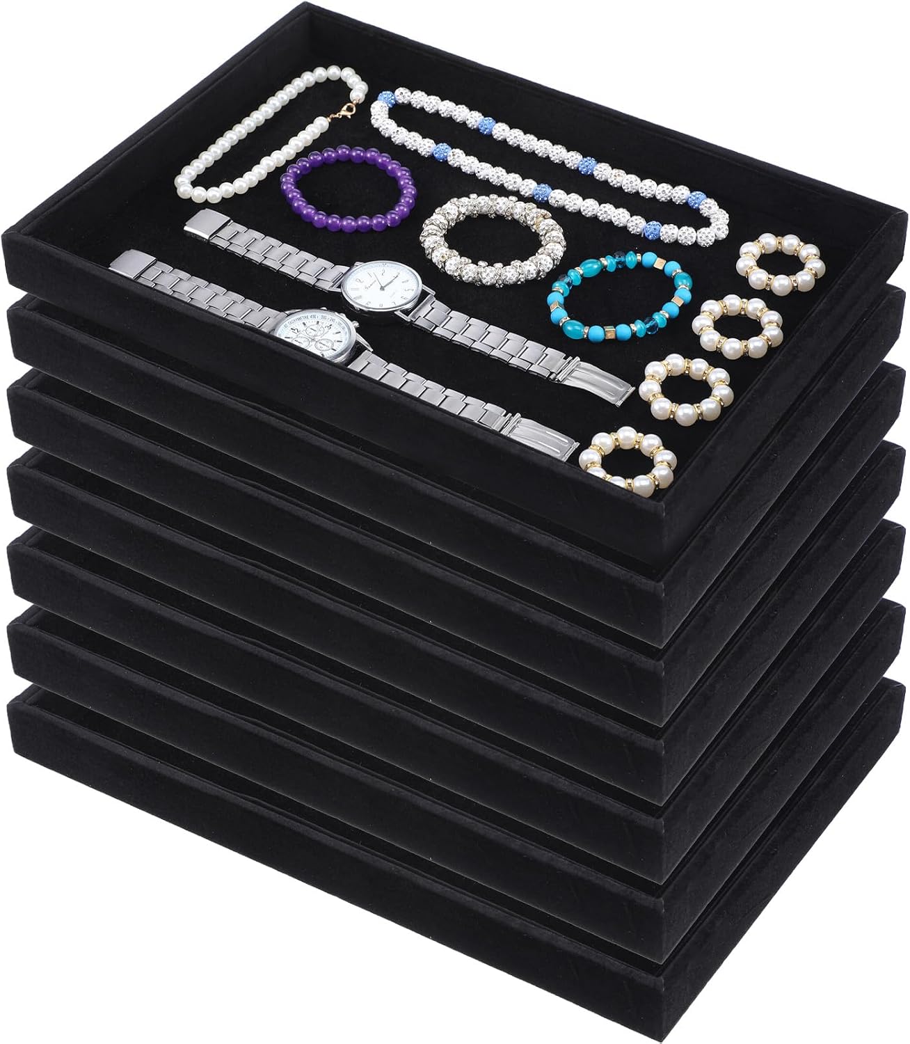6 Pcs Velvet Stackable Jewelry Tray, Jewelry Organizer and Display for Bracelets Rings Earrings Necklaces, for Drawer and Countertop Showcase, Black