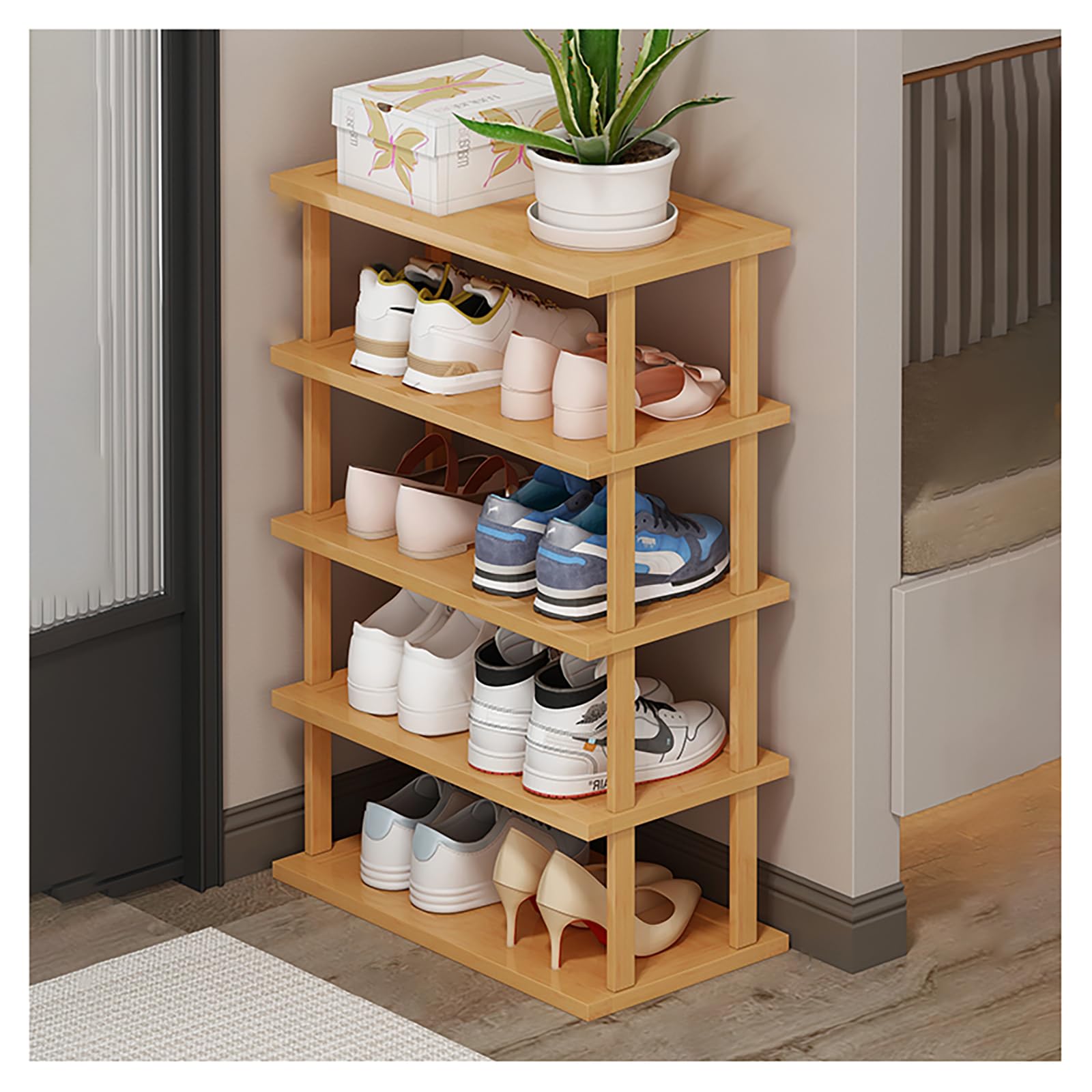 DOUZIO Narrow Shoe Rack, Bamboo Tall Shoe Rack Space Saving Corner Shoe Organiser Slim Shoe Shelf Vertical Shoe Stand for Entryway Living Room(Size:5 Tiers,Color:47cm)