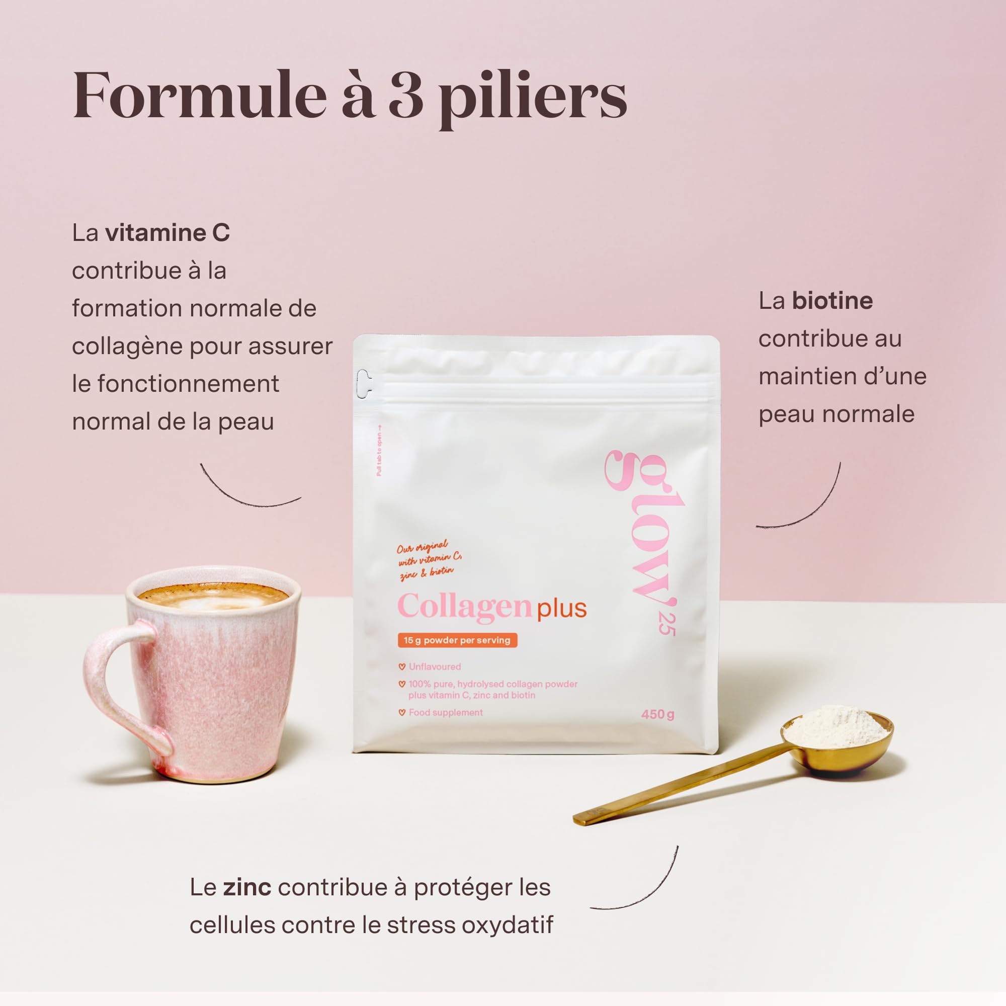 Glow25® Collagène Plus 450g Complément Alimentaire Vitamine C Zinc Biotine Hydrolysat de Collagène Premium Peptides Type 1 et 3