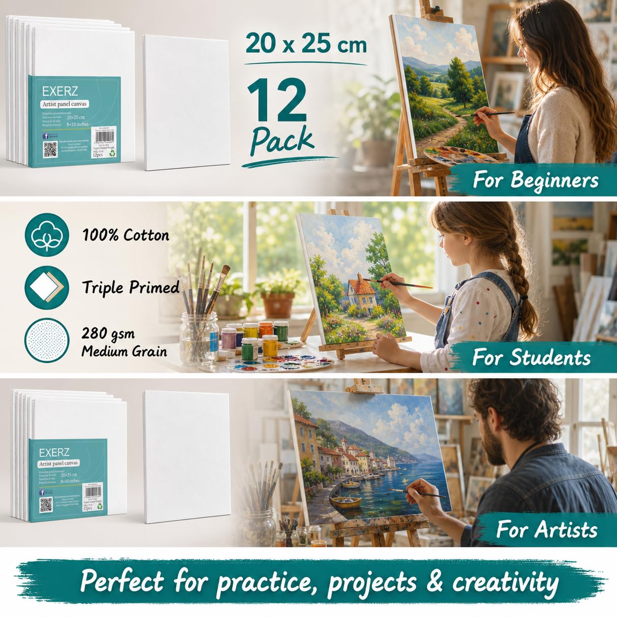 Exerz Pannelli in Tela 100% Cotone 25x20cm 3mm 280gsm 12pz Bianca per Pittura