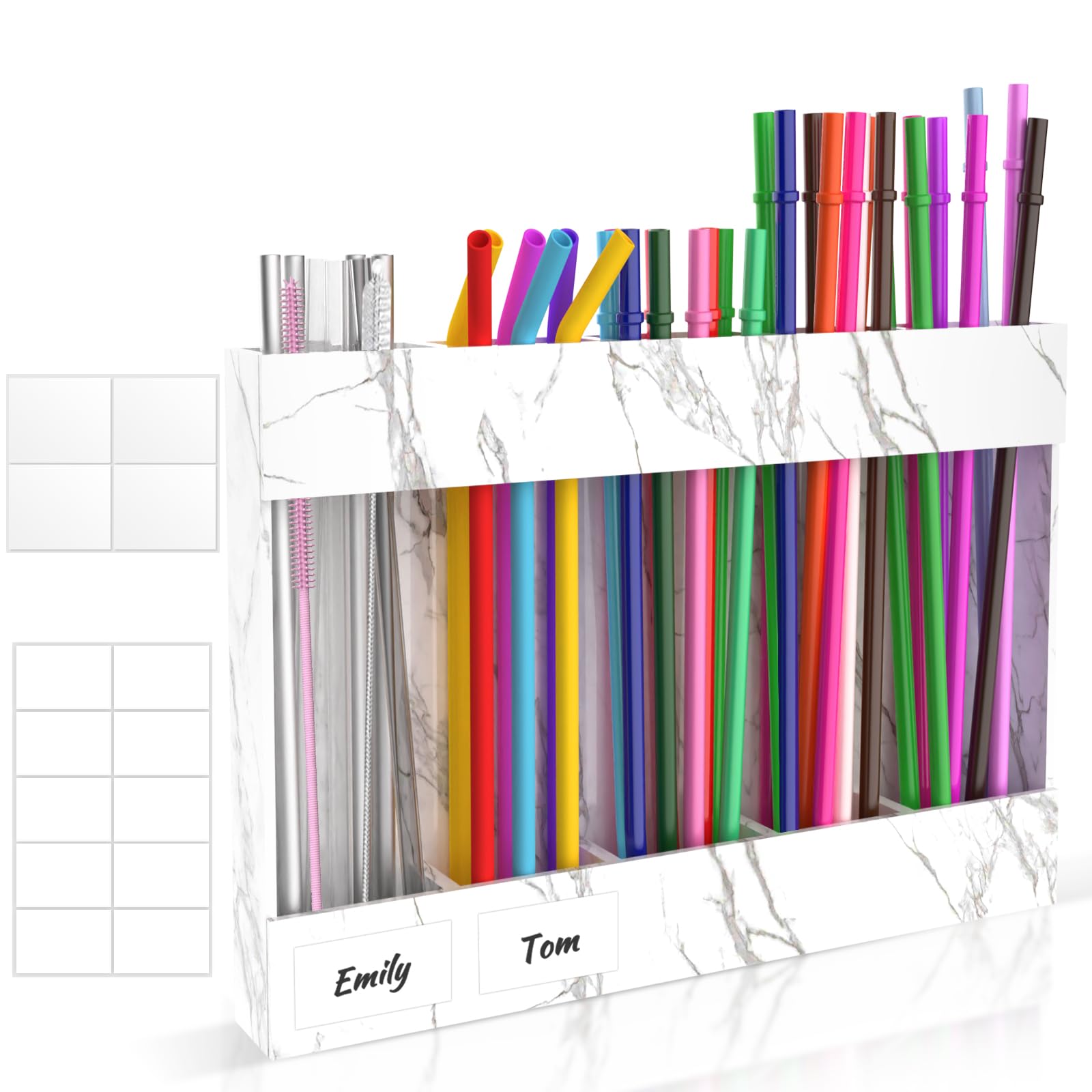 Rycid 9.6” Large Acrylic Straw Holder for Cabinet Door with Detachable Ultra Sticky Adhesive Squares and Stickers, 2026 Reusable Straws Organizer Storage Dispenser for Kitchen Counter Cupboard