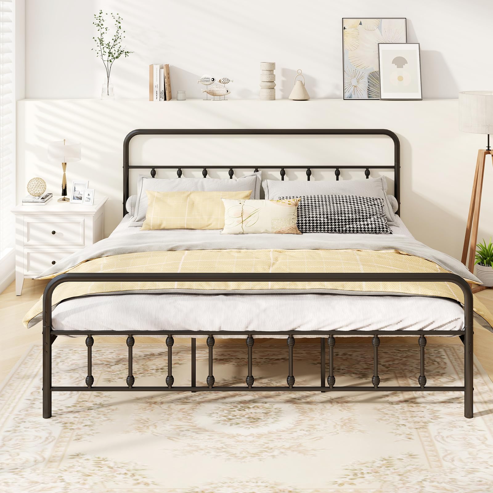 KOMFOTT King Size Metal Bed Frame with Headboard Footboard Victorian Style Metal Platform Bed Frame with Under Bed