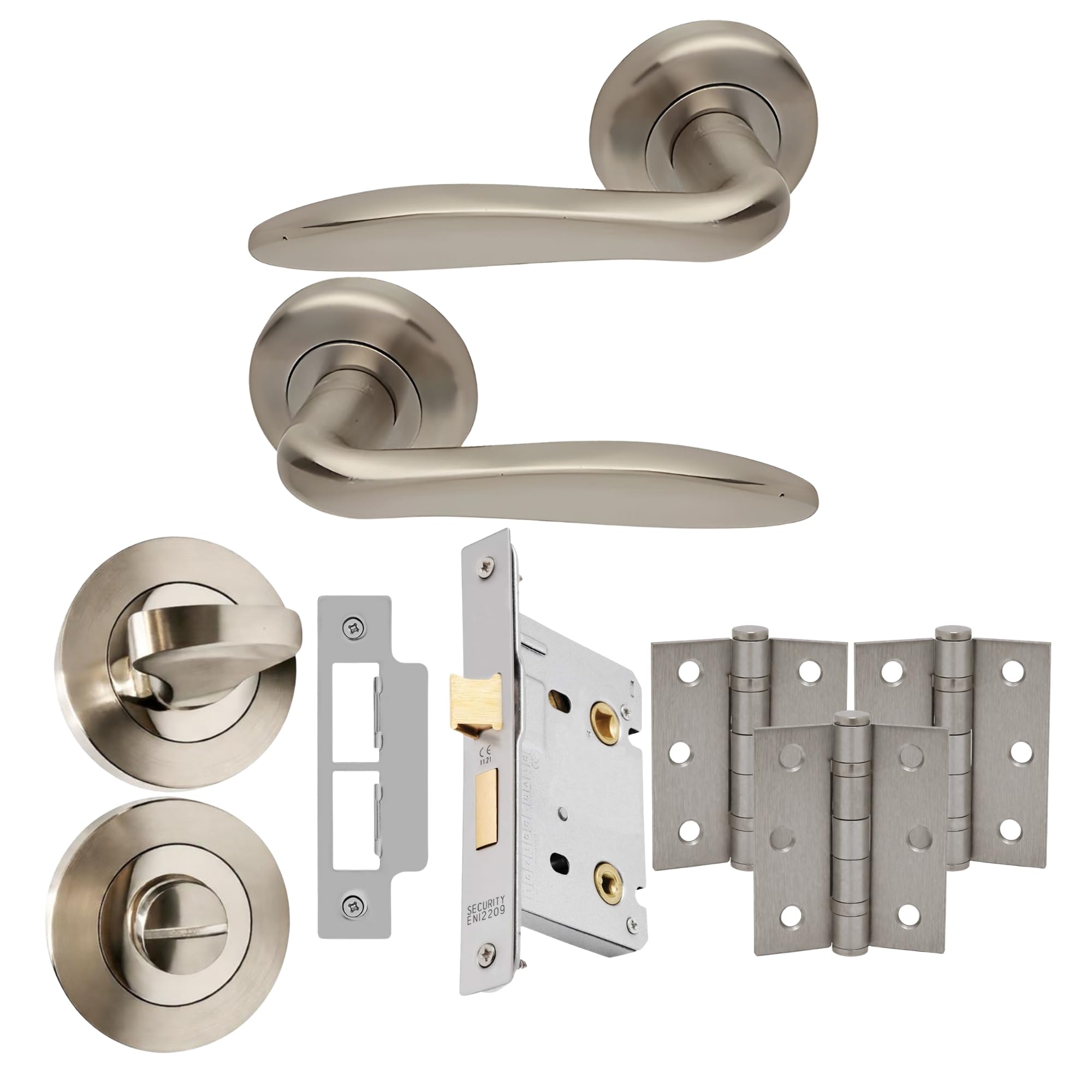 UAP E-Kappa Internal Door Handles Bathroom Pack with Lock, Hinges, and Escutcheon Satin Nickel Polished, 65mm