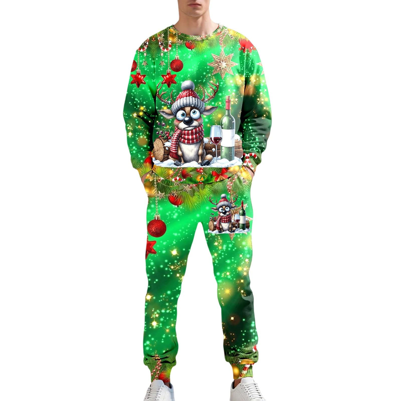 Weihnachts Jogginganzug Herren Funny Weihnachten Tracksuit 2-Teiliges Lustig Rentier Santa Weihnachtsanzug Männer Kuschelig Kapuzenpullover + Jogginghose Weihnachtsoutfit Trainingsanzug Set