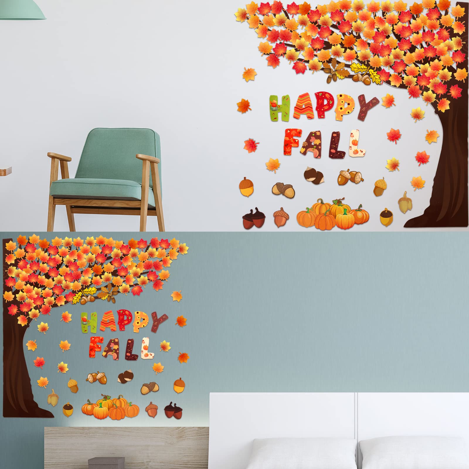 128-teiliges Pinnwand-Set 'Herbstbaum' - Mit Blättern, Vogelscheuche & Klebepunkten Für Klassenzimmer-Deko