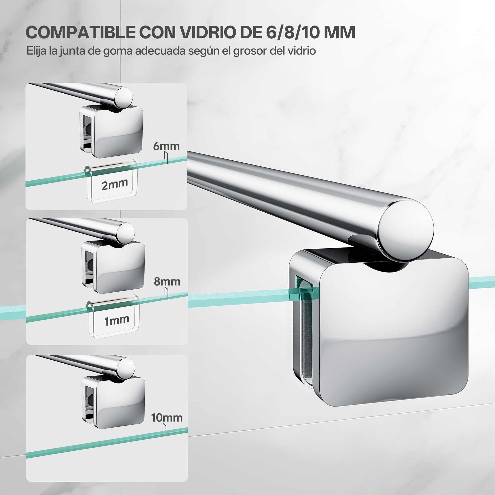 Barra de soporte telescópica de pared para mampara de ducha, ajustable de 68,5 a 127,8 cm (desde la pared hasta el borde interior del vidrio), para vidrio de 6-10 mm, cromo | Fabricado con acero inoxidable 304, adecuado para vidrio de 6-10 mm y permite un