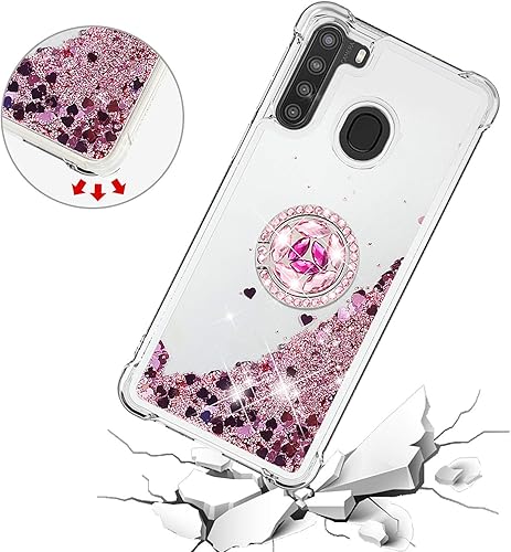 Miniatura 6 de Asuwish Funda de teléfono para Samsung Galaxy A21 con protector de pantalla y soporte para anillo, purpurina líquida brillante, transparente,