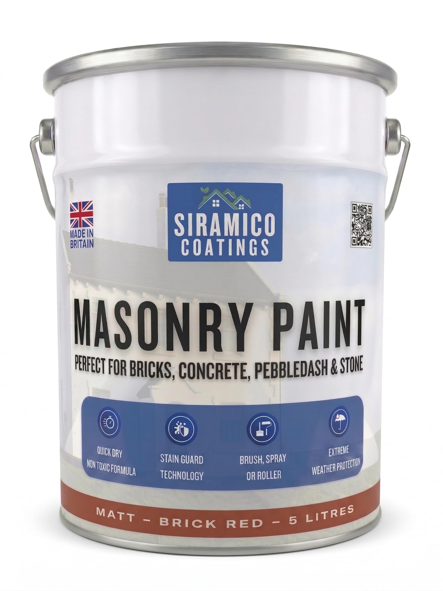 Siramico Coatings Brick Red Masonry Paint | 5 Litres | Waterbased Eco Resin Technology | 7 Luxury Colours | Smooth Matt Finish For Outdoor Masonry Protection | 10 Year Colour Guarantee (Brick Red)