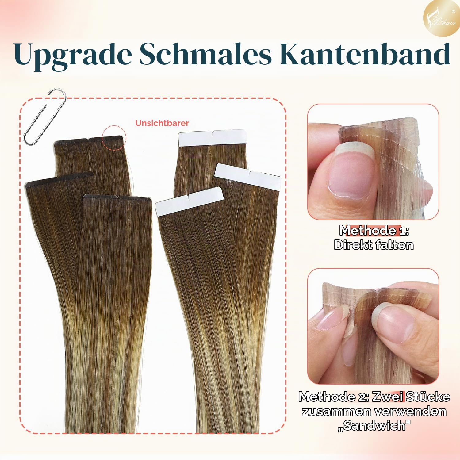 XDhair Tape Extensions Echthaar Walnuss Braun bis Ash Braun and Goldblond | 50cm 20pcs 50g,Extensions Echthaar,Invisible Remy Tape in Echthaar Extension in der Farbe #3/8/22