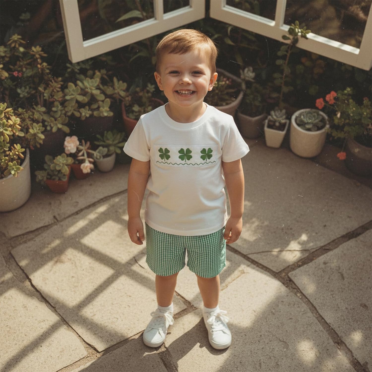 Karuedoo Toddler Baby Boy St Patricks Day Outfit Clover Embroidery Smocked Short Sleeve T-Shirt Top and Plaid Shorts Set - Image 3