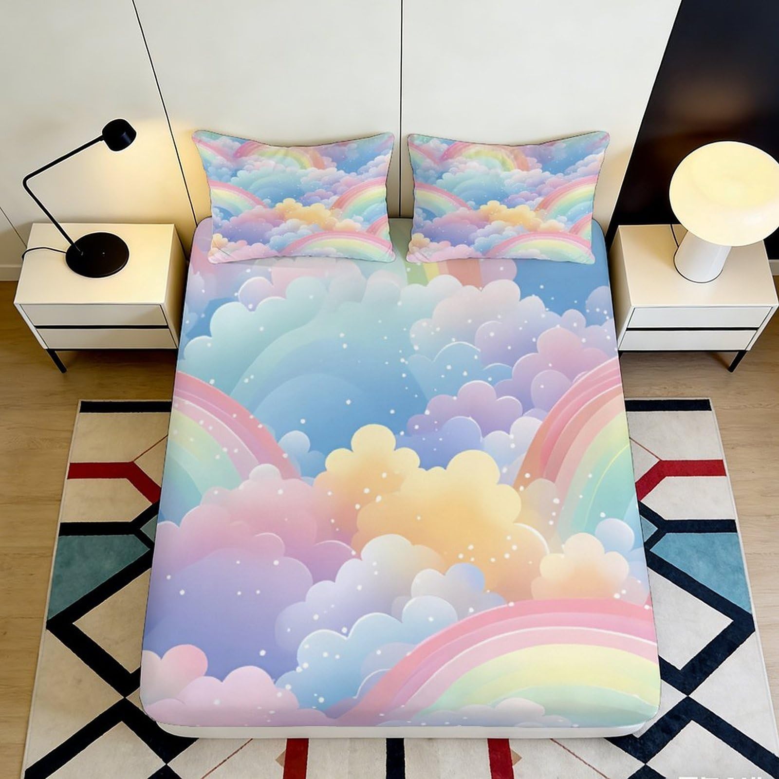 3D Printed Rainbow Clouds Fitted Sheet Microfiber Soft Breathable Pastel Sky Bed Cover for Bedroom Dormitory Guest Room Mattress Protection Decor 180x200x25cm