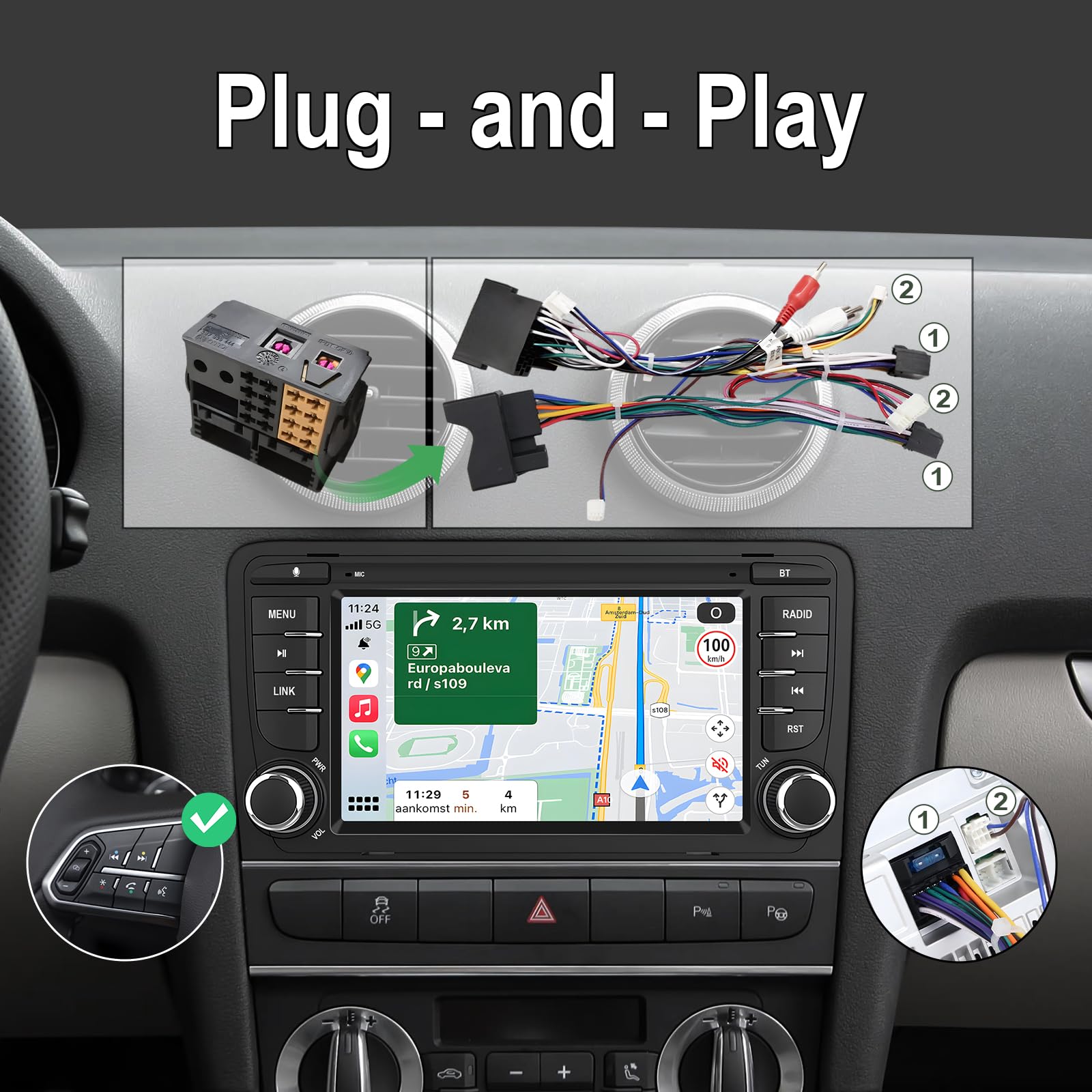 Autoradio 7'' Per Audi A3 8P (2003-2012) – CarPlay E Android Auto Wireless, DSP, 16 Bande EQ, Bluetooth 5.0, Tasti Volante