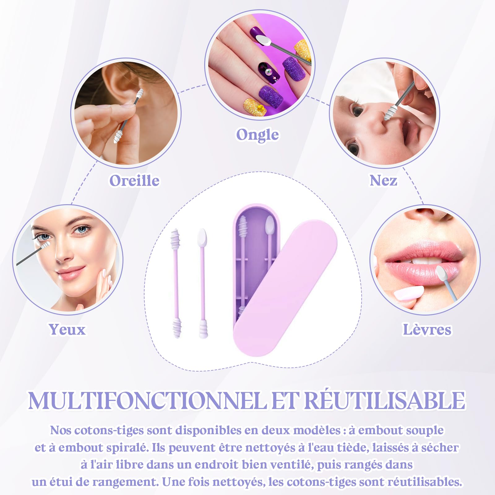 Lot de 8 Coton Tige en Silicone à Double Extrémité, Coton-Tige en Spirale Réutilisable et Lavable, Avec Boîte de Rangement Hygiénique - pour le Maquillage Quotidien et Nettoyage des Oreilles
