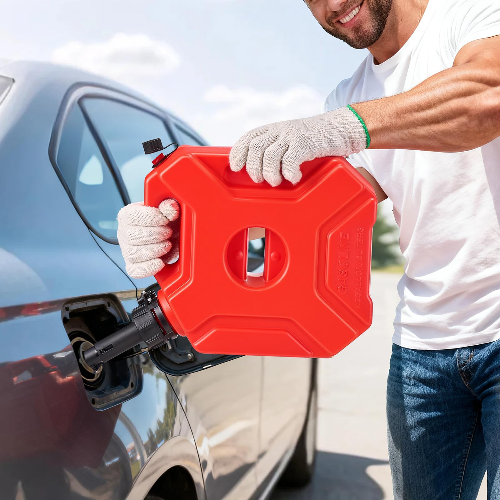 VEVOR Bidón de Gasolina de 5 L, Tanque de Combustible de HDPE y PP, con Pico y Cerradura, Caudal Máximo de 15 L/min, a Prueba de Fugas, para la Mayoría de Autos, Motocicletas, ATV, UTV, Rojo, 1 Pieza