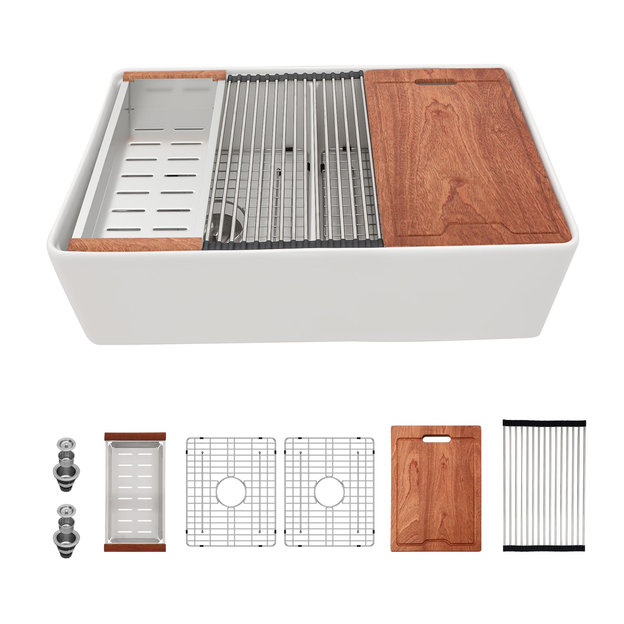 GOWE White Farmhouse Sink Workstation - 33 inch White Ceramic Double Bowl Farm Kitchen Sink