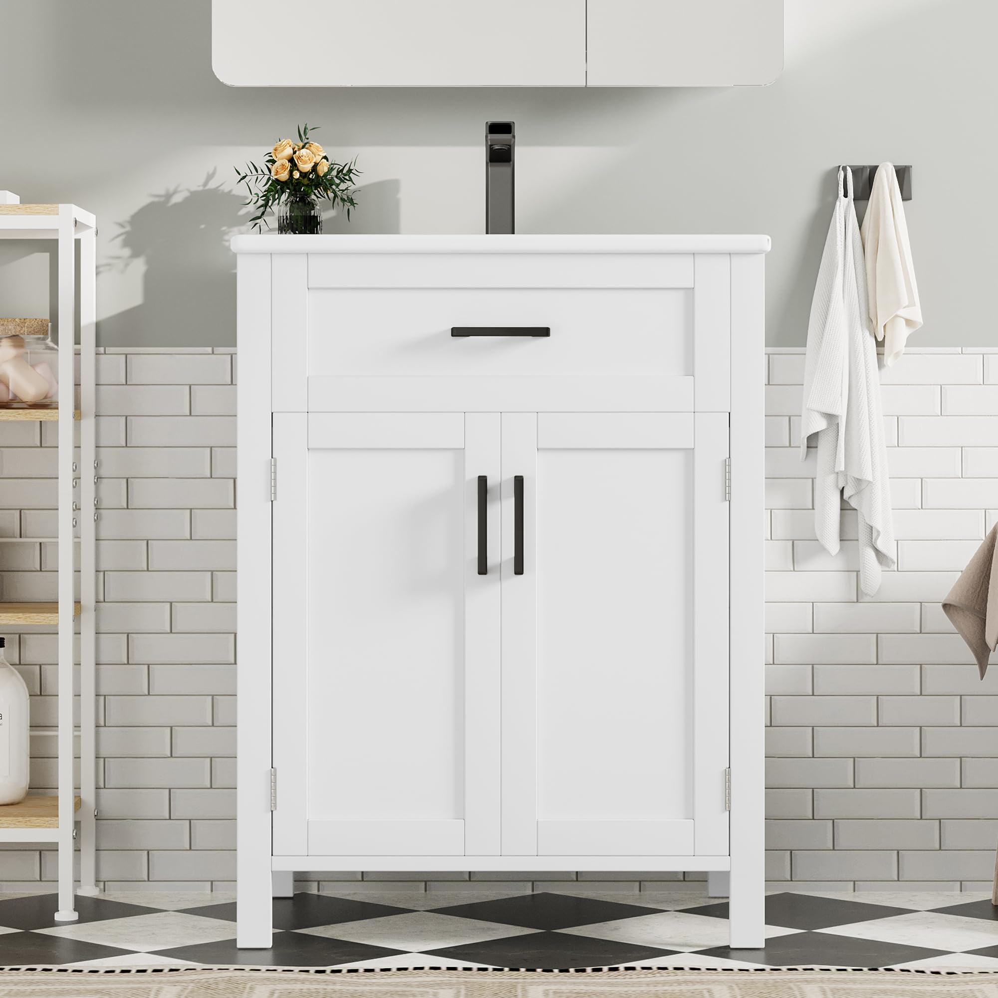BTM Waschtisch Stehend mit Unterschrank 60cm Breiter Badezimmerschrank Integriertes Waschbecken mit Schubladen Weiß