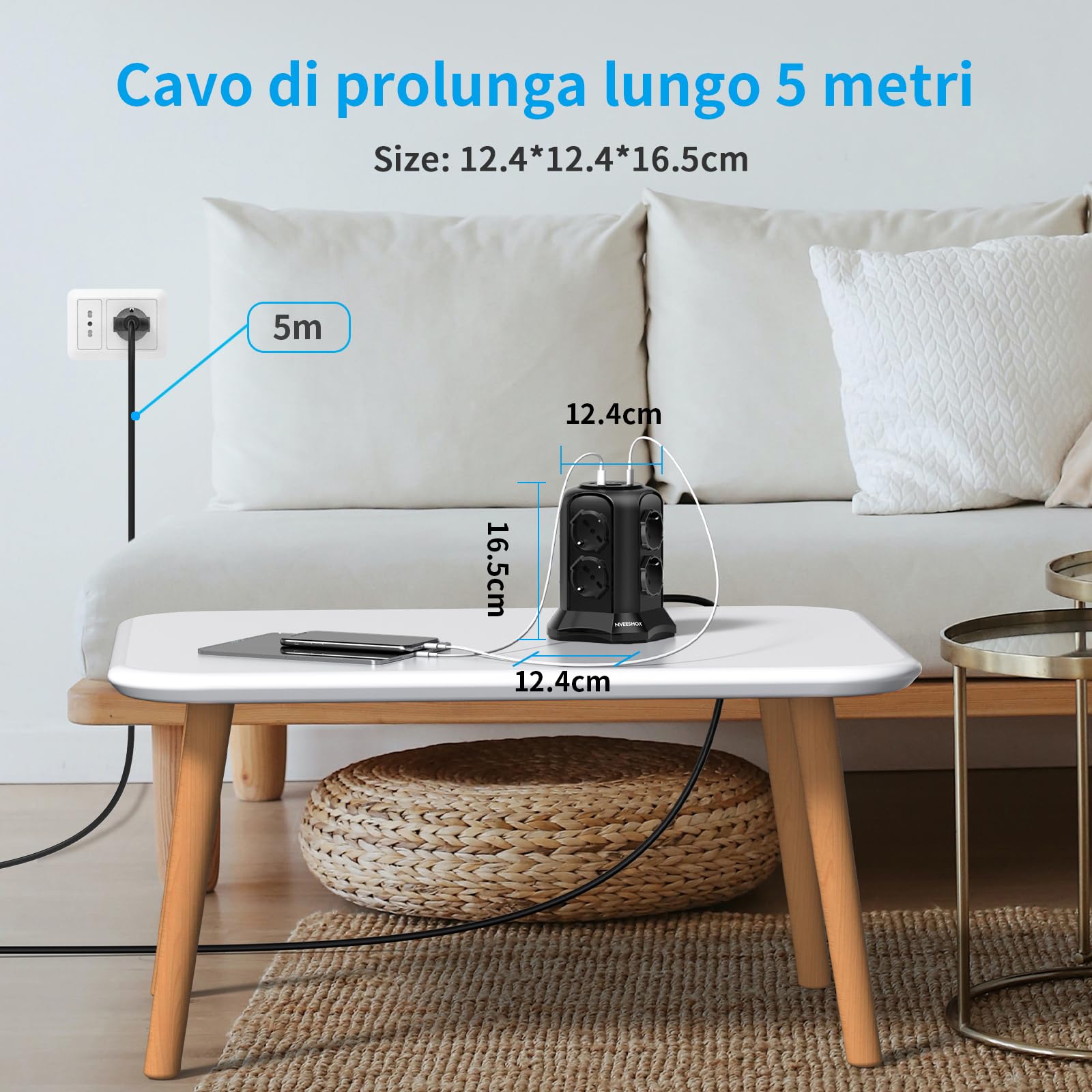 NVEESHOX Ciabatta Multipresa Verticale con 8 Prese | Multipresa con 2 USB C + 2 USB A(USB-C1 20W PD3.0), 4000W/16A, protezione sovratensione con Interruttore, 5M Cavo (Nero)