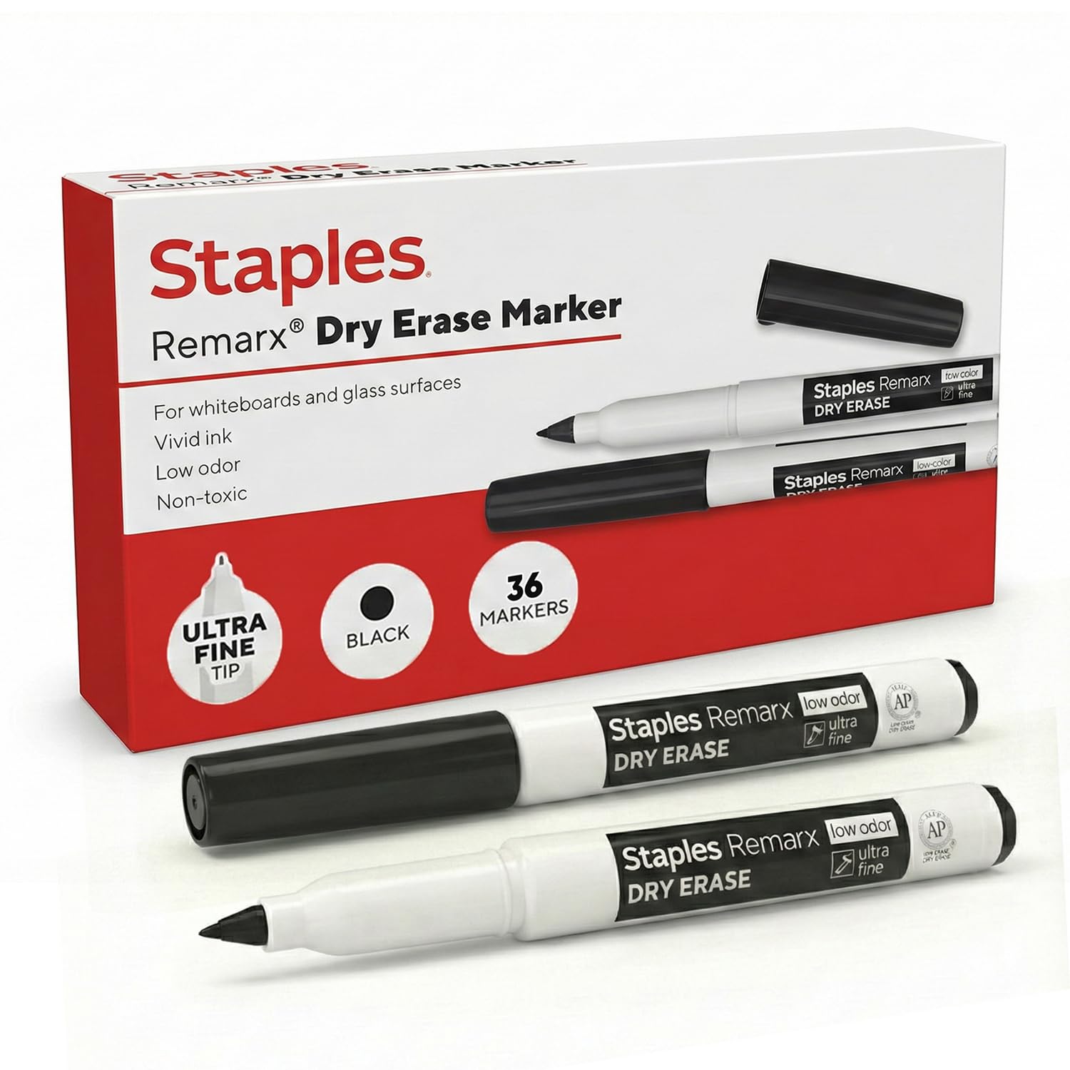 STAPLES Low Odor Dry Erase Markers Ultra Fine Tip Black 36 Pack Remarx Precision Whiteboard Markers for Offices