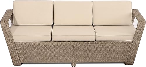 LEISU Muebles de patio al aire libre, sofá de mimbre de 3 asientos, sofá seccional para exteriores, juego de conversación para jardín, balcón, patio