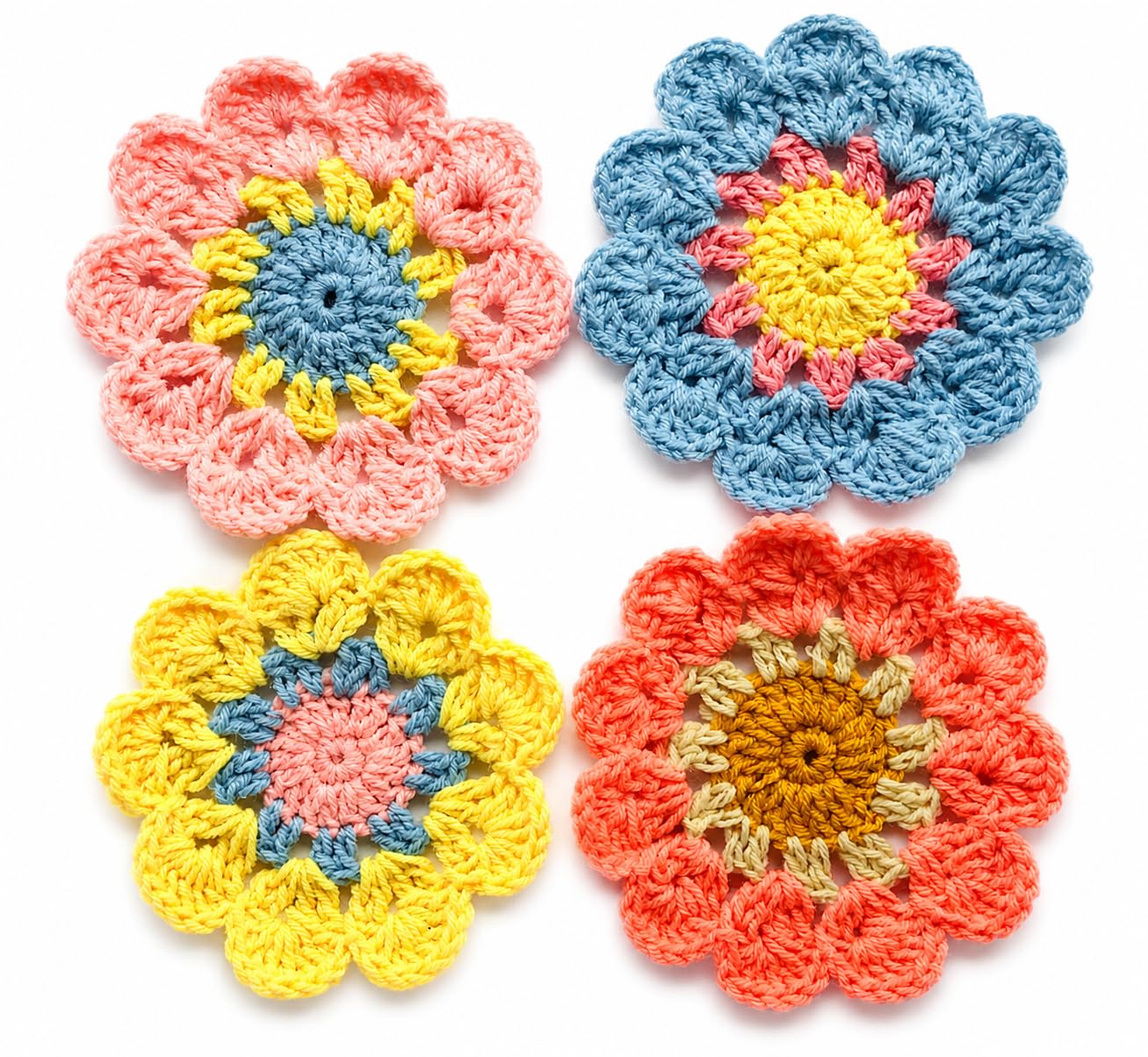 handmade crochet flower coasters, set of 4, multicolour | floral design, cotton yarn, table decor, cup coasters, boho style