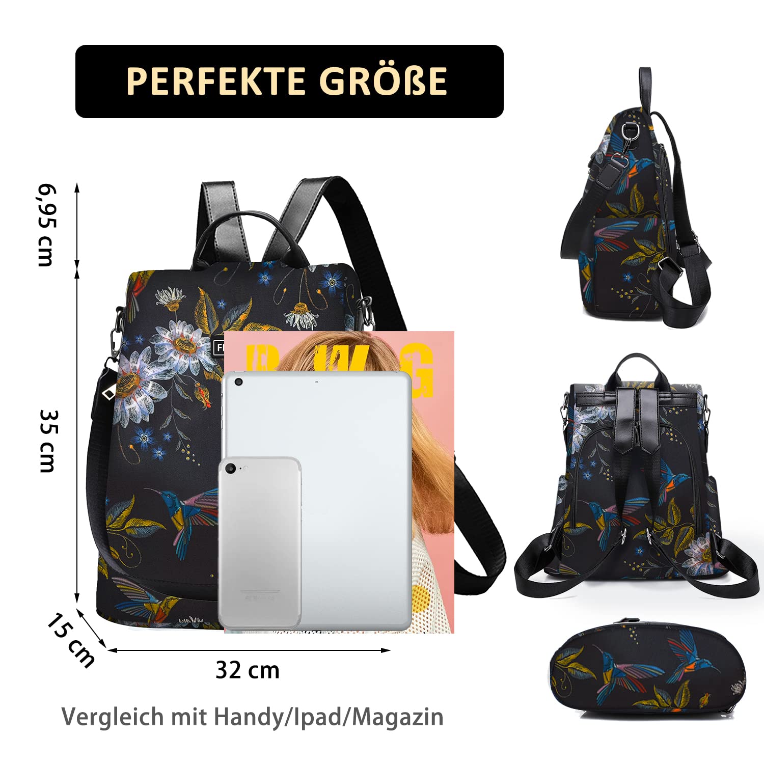 Fmeida Rucksack Damen Anti Diebstahl Nylon Handtaschen Wasserdichte 2 in 1 Schultertasche Casual Daypack Klein Reiserucksack für Frauen Mädchen