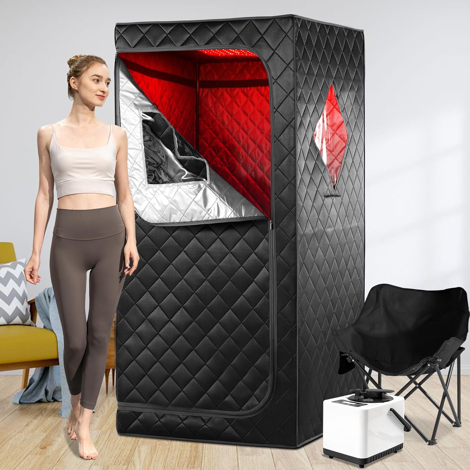 Portable Infrared Sauna for Home, One Person Steam Sauna, Full Body Sauna Tent for Relaxation,1 Person Steam Sauna Box with 660nm Red Light Therapy, 3L&1100W Sauna Steamer, Folding Chair