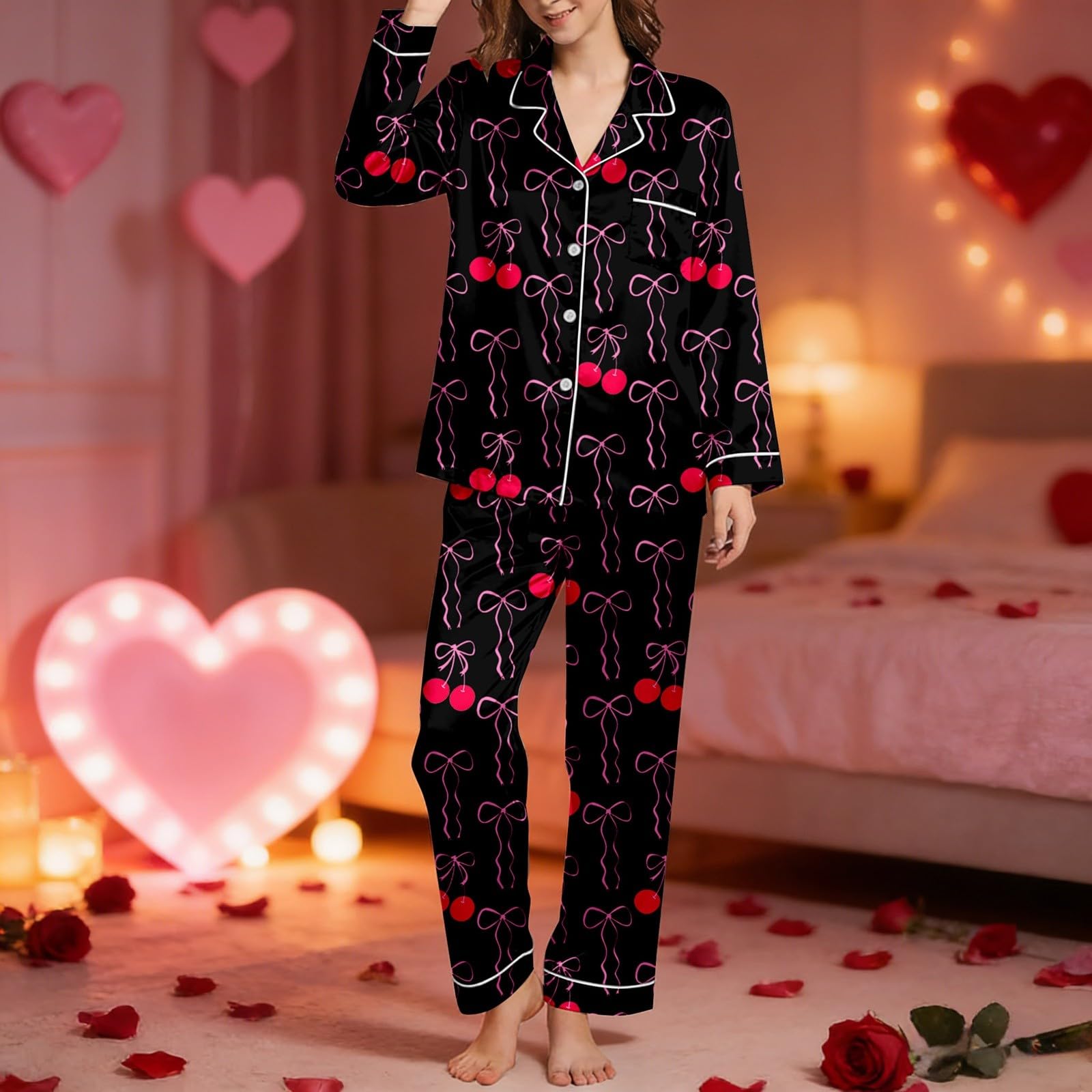 Comodo pigiama casual con stampa floreale, maglietta a maniche lunghe e pantaloni, biancheria da notte comoda per la casa