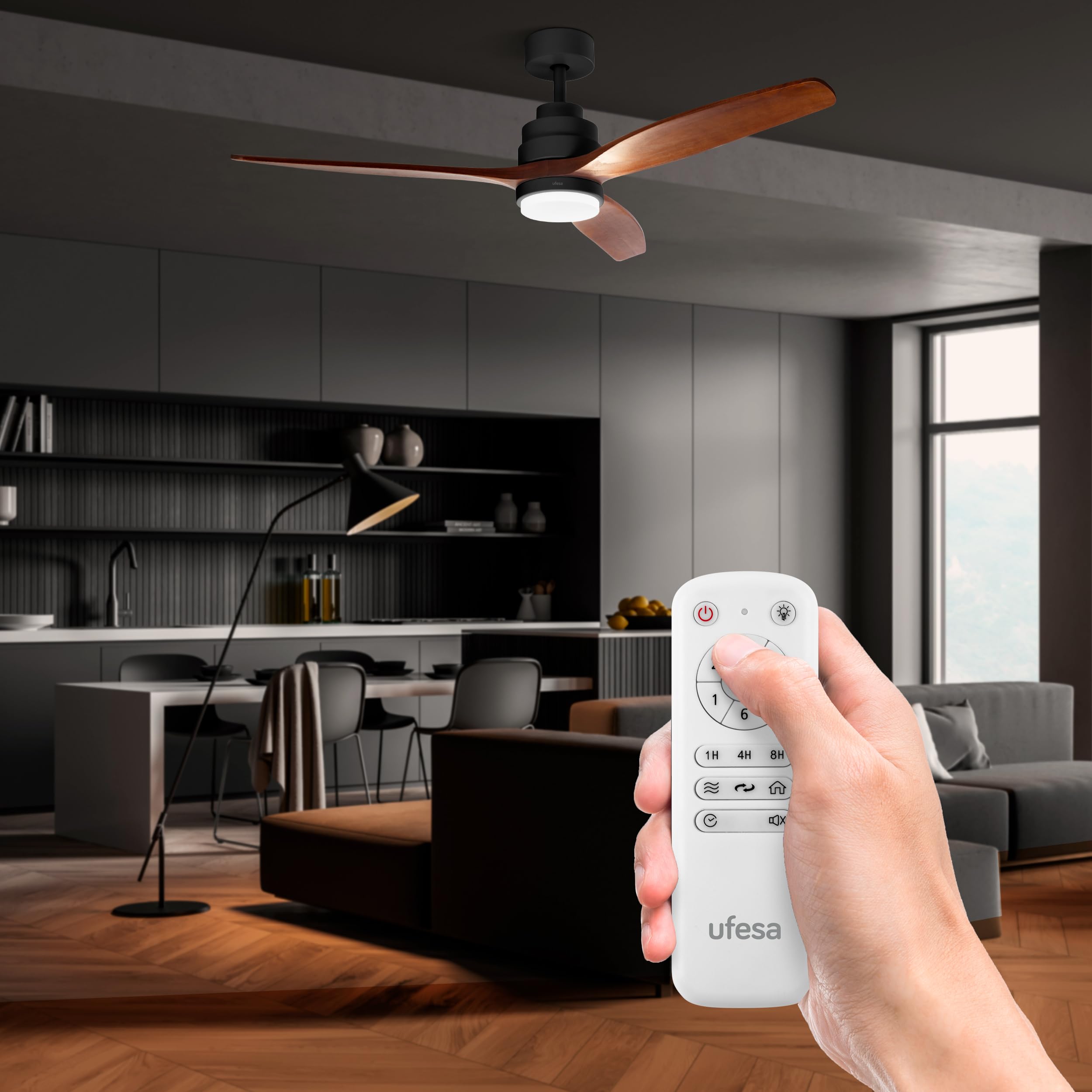 Ufesa Ventilatore da soffitto, 40W, 6 Velocità, Ultra Silenzioso, 3 Pale in Legno Naturale 132cm, Funzione Estate - Inverno, Timer 8h, Telecomando, Nero - Legno Scuro