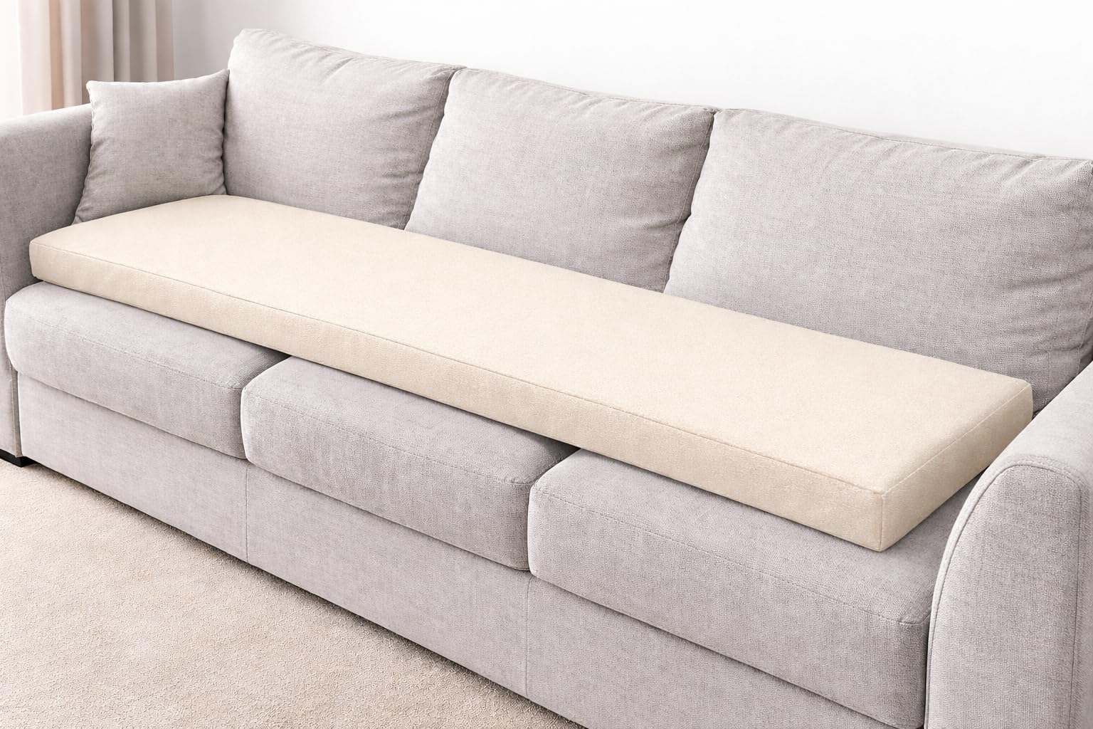 SLUMBER HOME 3 Seater Booster Cushion with Removable Cover, 150 x 50 x 5 cm Firm Memory Foam Orthopaedic Seat Pad, Large Sofa Cushion with Soft PolyesterWater Resistant Cover (Cream)