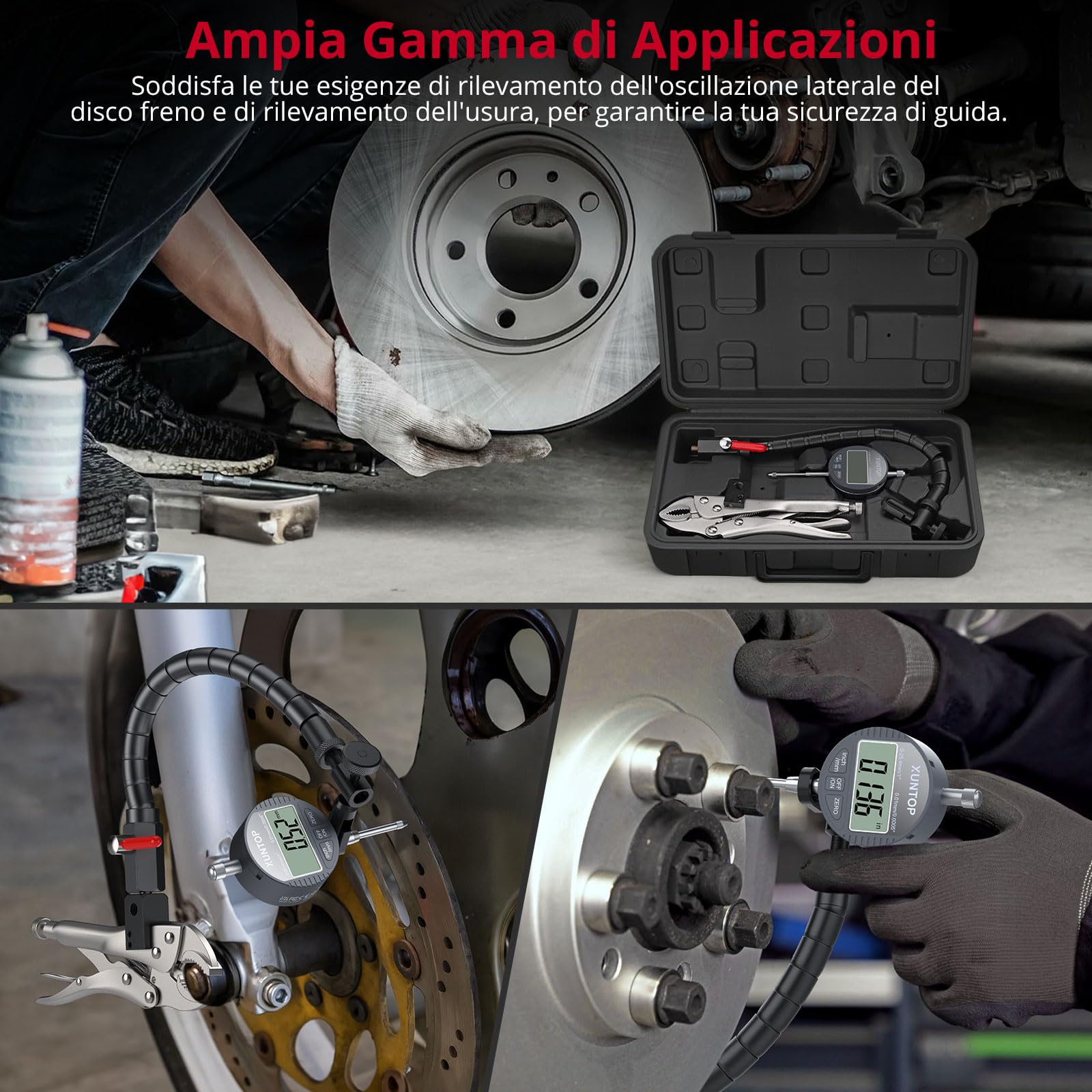 XUNTOP Comparatore Digitale 0-25.4MM per Dischi e Rotori/giunti Sferici con Indicatore Digitale con Braccio Flessibile da 13,77” e Pinza di Bloccaggio da 7" per il Settore Automobilistico, Meccanico