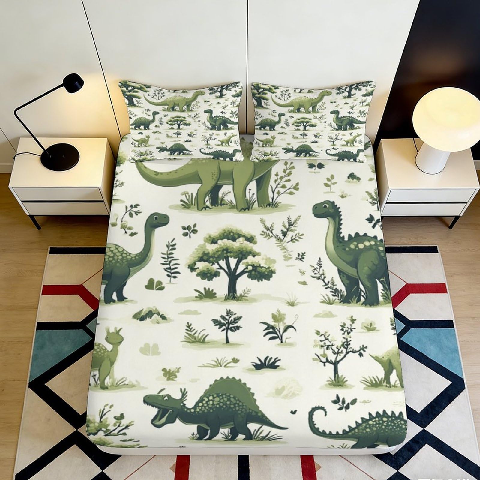 3D Printed Green Dinosaur Forest Fitted Sheet Microfiber Soft Non-slip Bed Cover for Bedroom Guest Room Easy Care 200x200x25cm